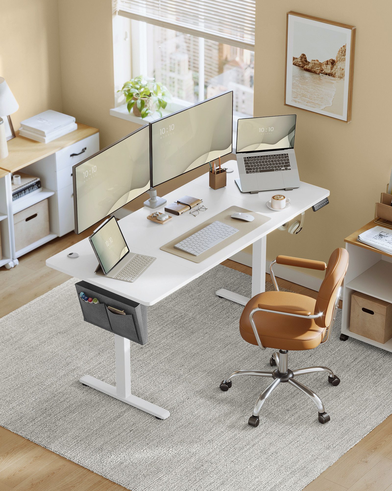 SONGMICS Schreibtisch Höhenverstellbarer elektrisch, 100/120/140/160/180 cm, USB-C-Anschluss, Memory-Funktion für 4 Höhen, mit Stoff-Organizer