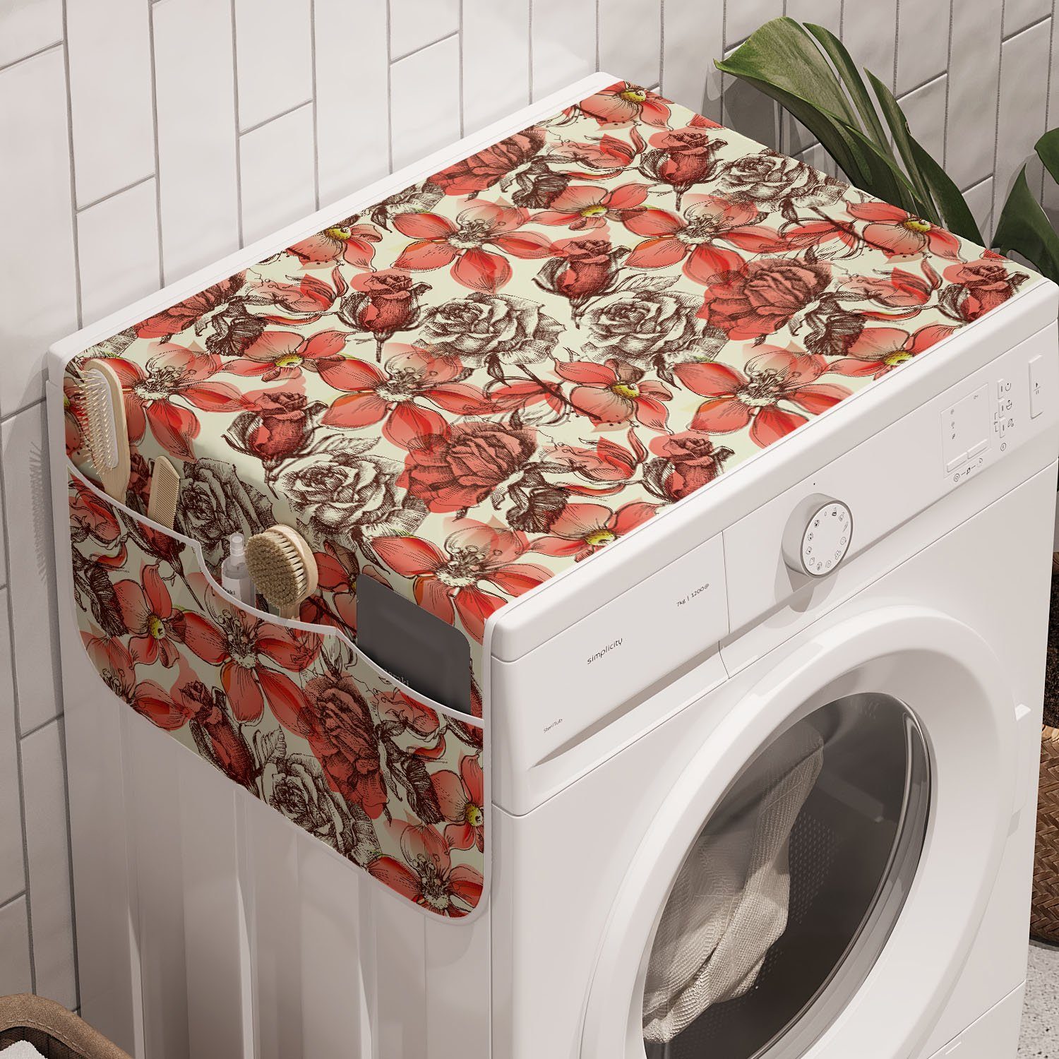 Waschmaschine Vintage Gravierte Rose Anti-Rutsch-Stoffabdeckung Skizze-Kunst Abakuhaus und für Trockner, Badorganizer