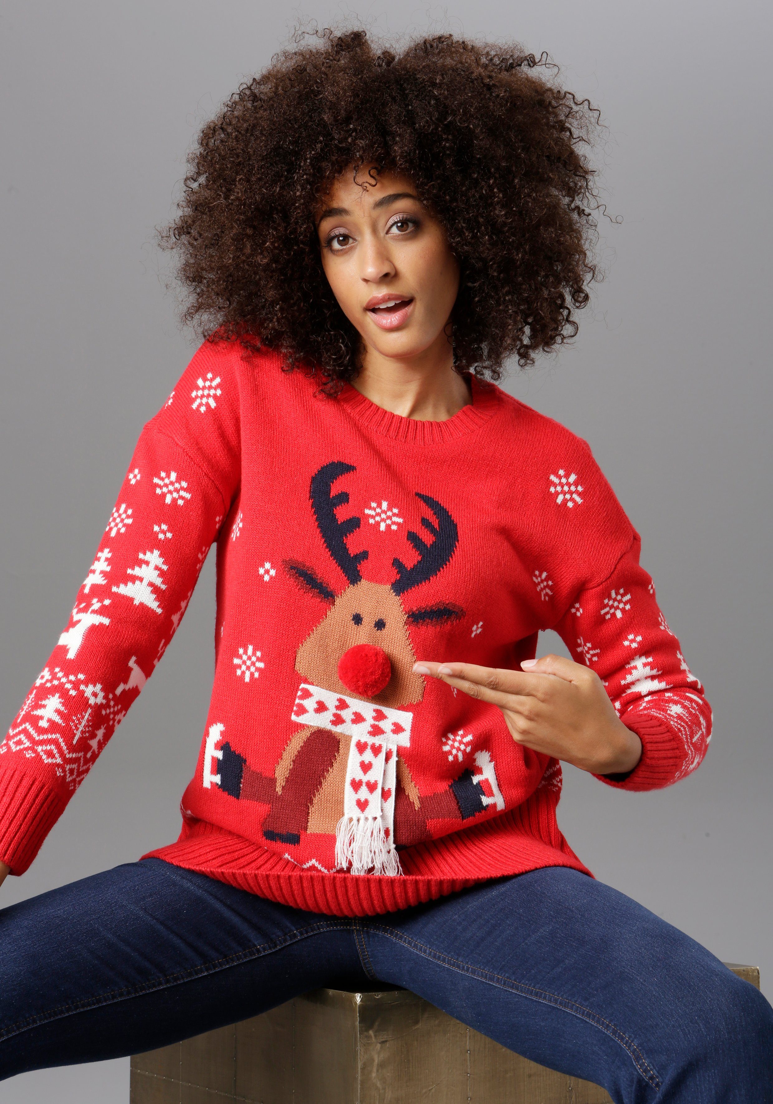 Aniston CASUAL Weihnachtspullover mit Bommel-Nase und günstig online kaufen
