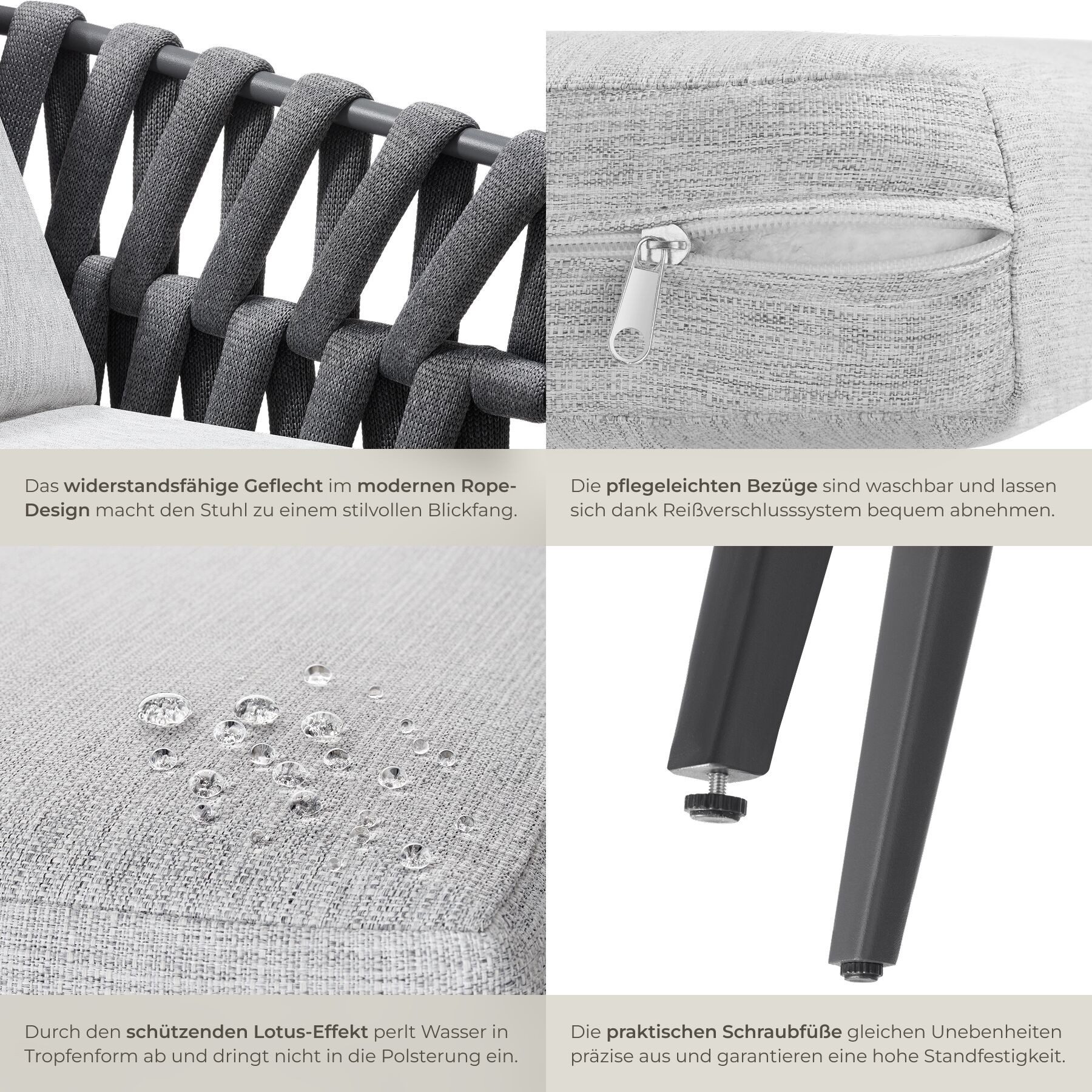 tectake Gartenstuhl Alu Outdoorstuhl mit Rope-Design, wetterfest, dicke Polsterung (Balkonstuhl Lugano, 1 St), Belastbarkeit 120 kg, Inkl. Sitzpolster und Rücke – Bild 5 von 5