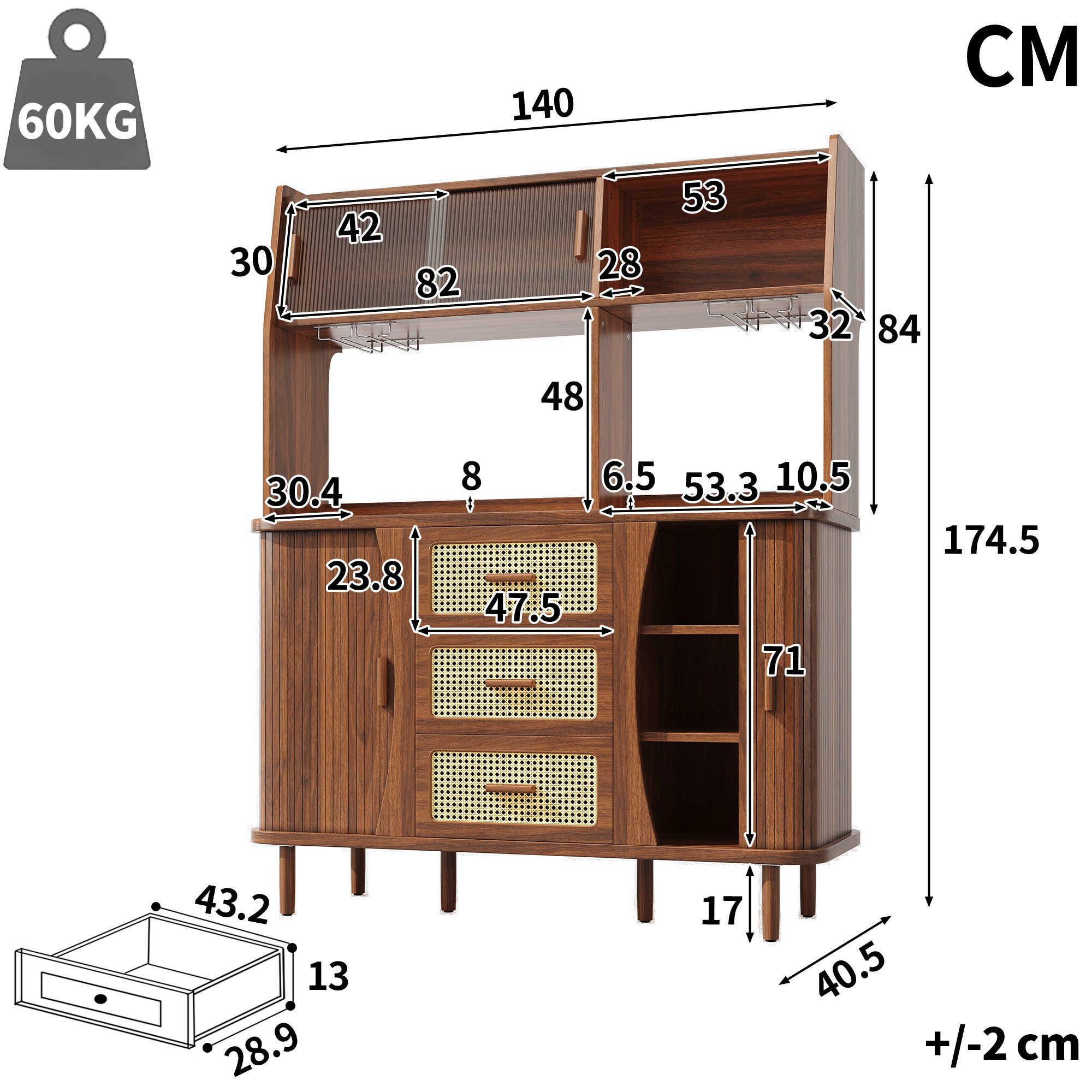 Celya Küchenbuffet Buffetschrank Rattanoptik mit Stauraum (mit 3 Schubladen und Glasschiebetüren, belastbar bis 60kg) Integrierte Glashalter, verstellbare Füße und abgerundete Kanten