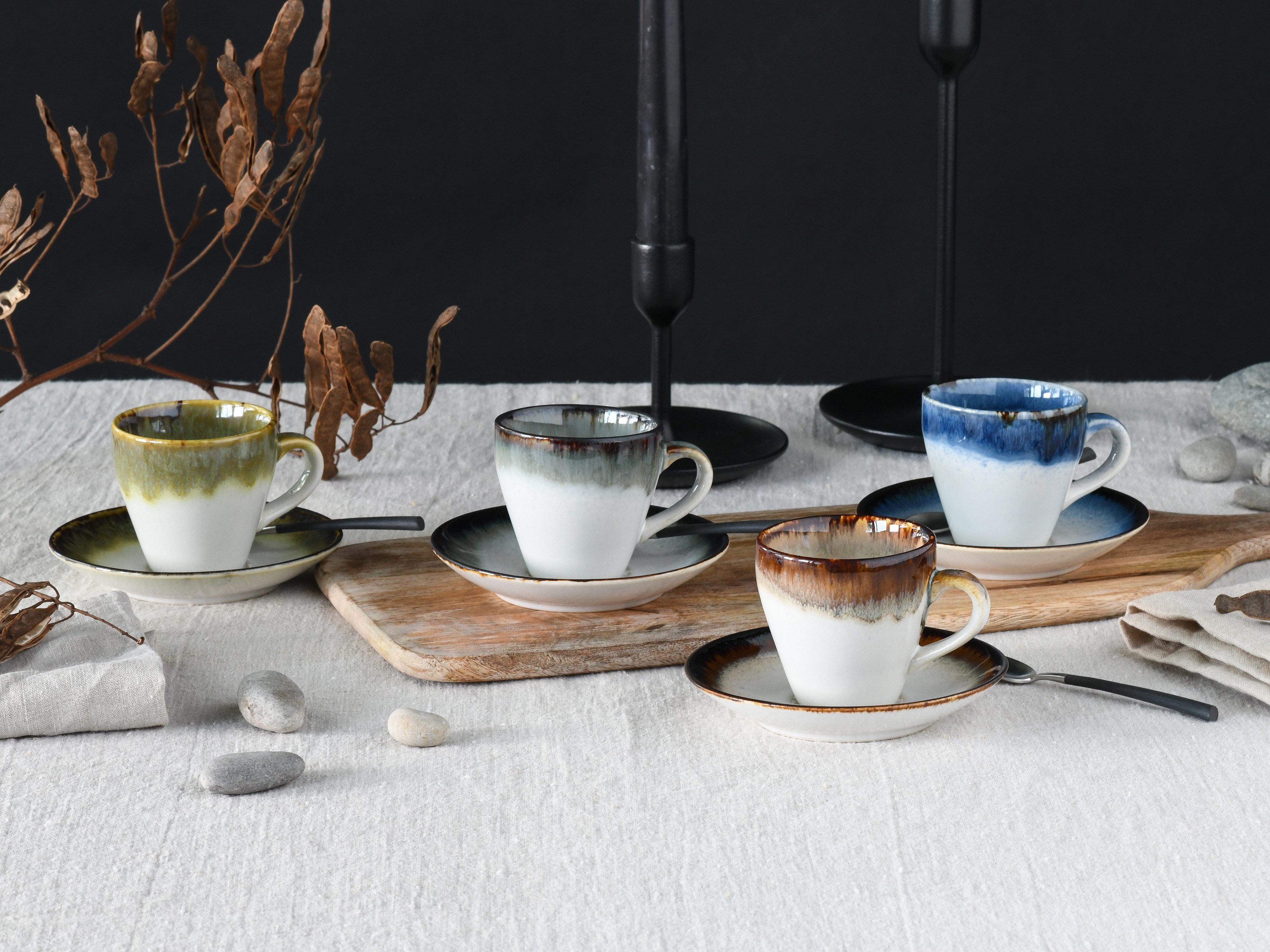 CreaTable Espressotasse Cascade Mix, Espresso-Set, 8-tlg., 8-tlg., Steinzeug, Reaktivglasur