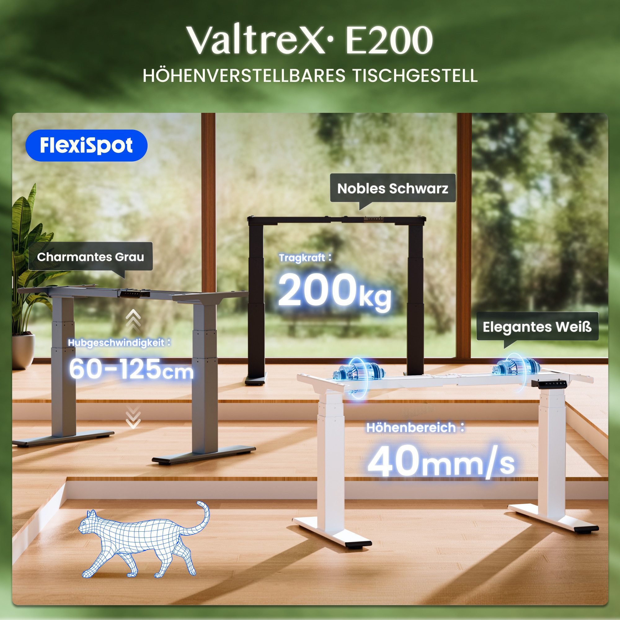 FLEXISPOT Schreibtisch ValtreX E200 Elektrisch höhenverstellbarer Schreibtisch mit Dualmotor (2 Motore, 3-Fach-Teleskop, 4 Speicherplätze, höhenverstellbar von 60–125 cm, Geschwindigkeit 40 mm/s), Kollisionschutz Funktion, USB Ladeanschluss, MAX Load: 200KG