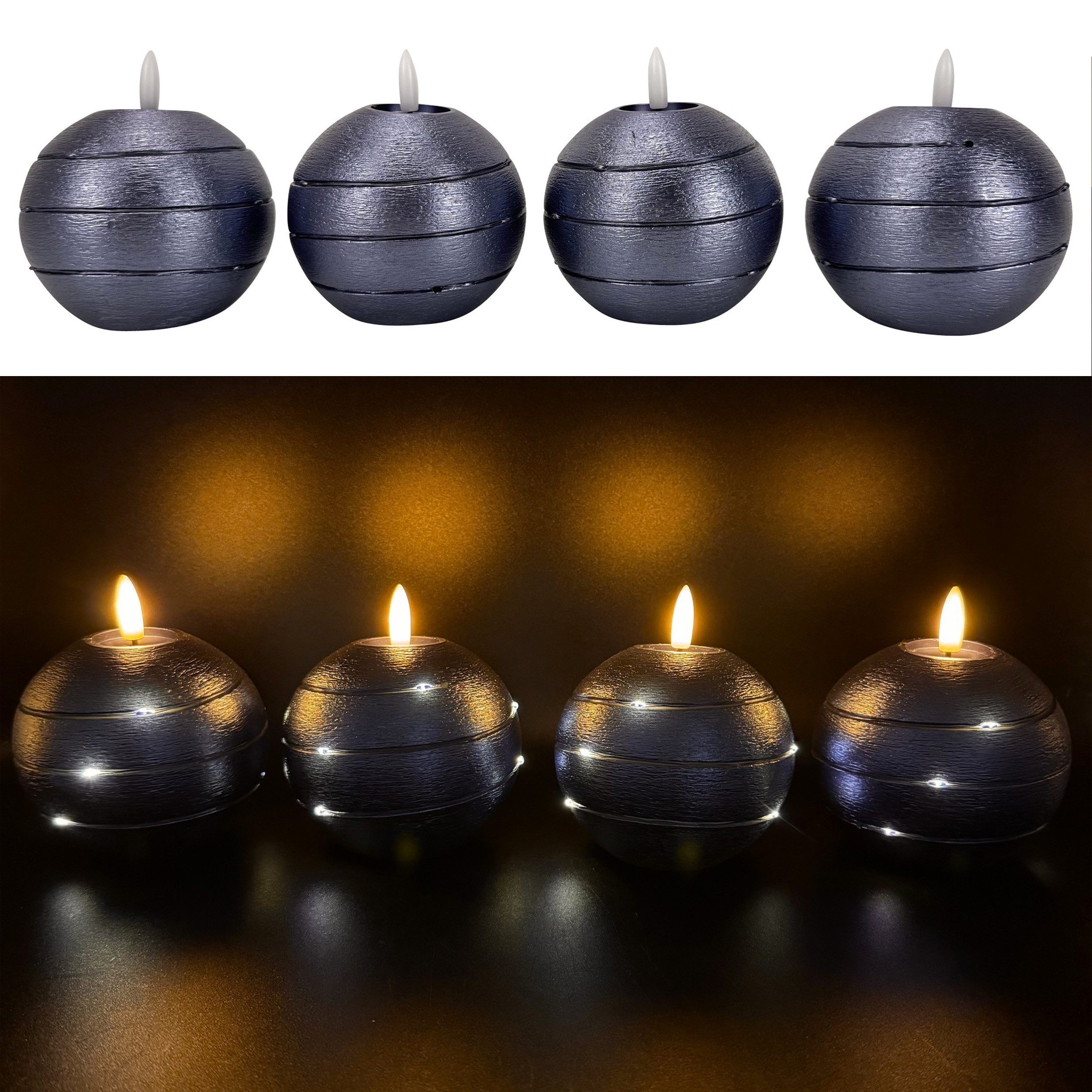Online-Fuchs LED-Kerze 4 runde Kugelkerzen aus Echtwachs mit Timer & LED-Lichterkette, realistische Kerzenflamme, warmweiße Flamme und Lichterkette, praktische 6-Stunden Timerfunktion enthalten