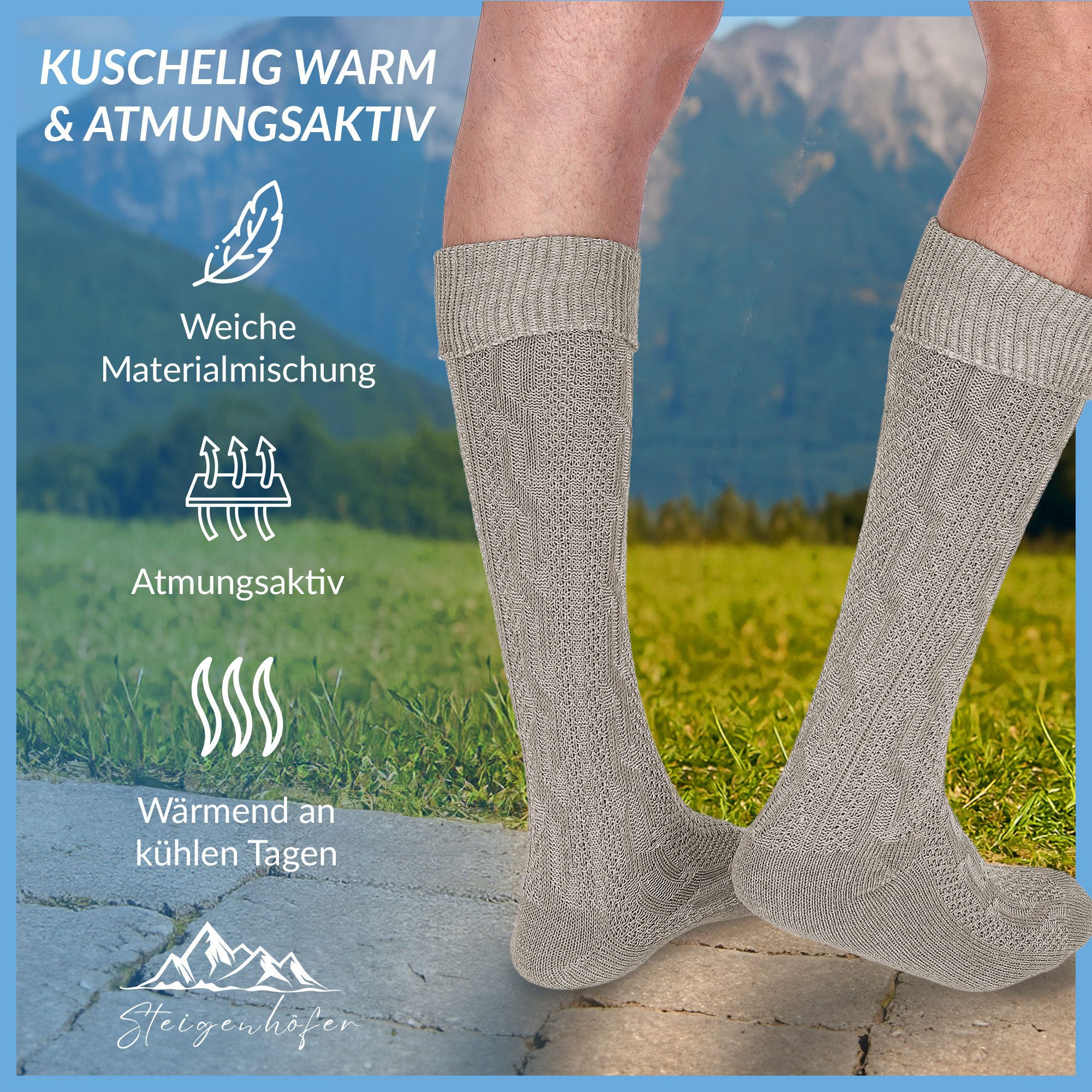 Steigenhöfer Manufaktur Trachtensocken für Herren und Damen – Socken mit Zopfmuster und Edelweißanstecker Oktoberfest Strümpfe aus Baumwolle für Männer & Frauen