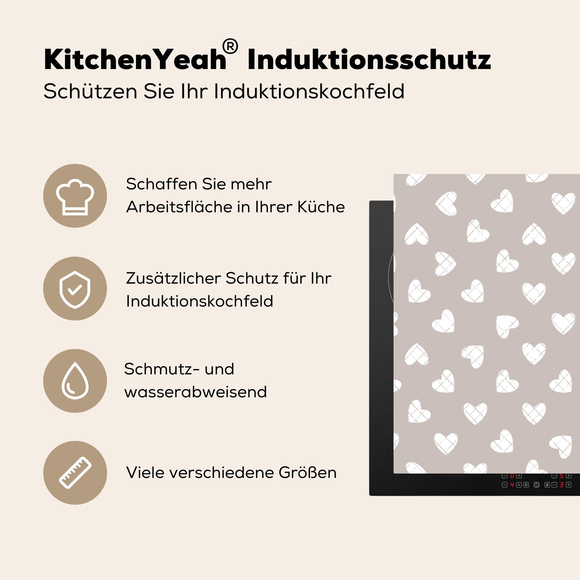 Muster Induktionskochfeld - Induktionsherd, Design (1 Linie für cm, Vinyl, - Herz MuchoWow - Herdblende-/Abdeckplatte - Dekoration Grau, tlg), Küchen 58x51