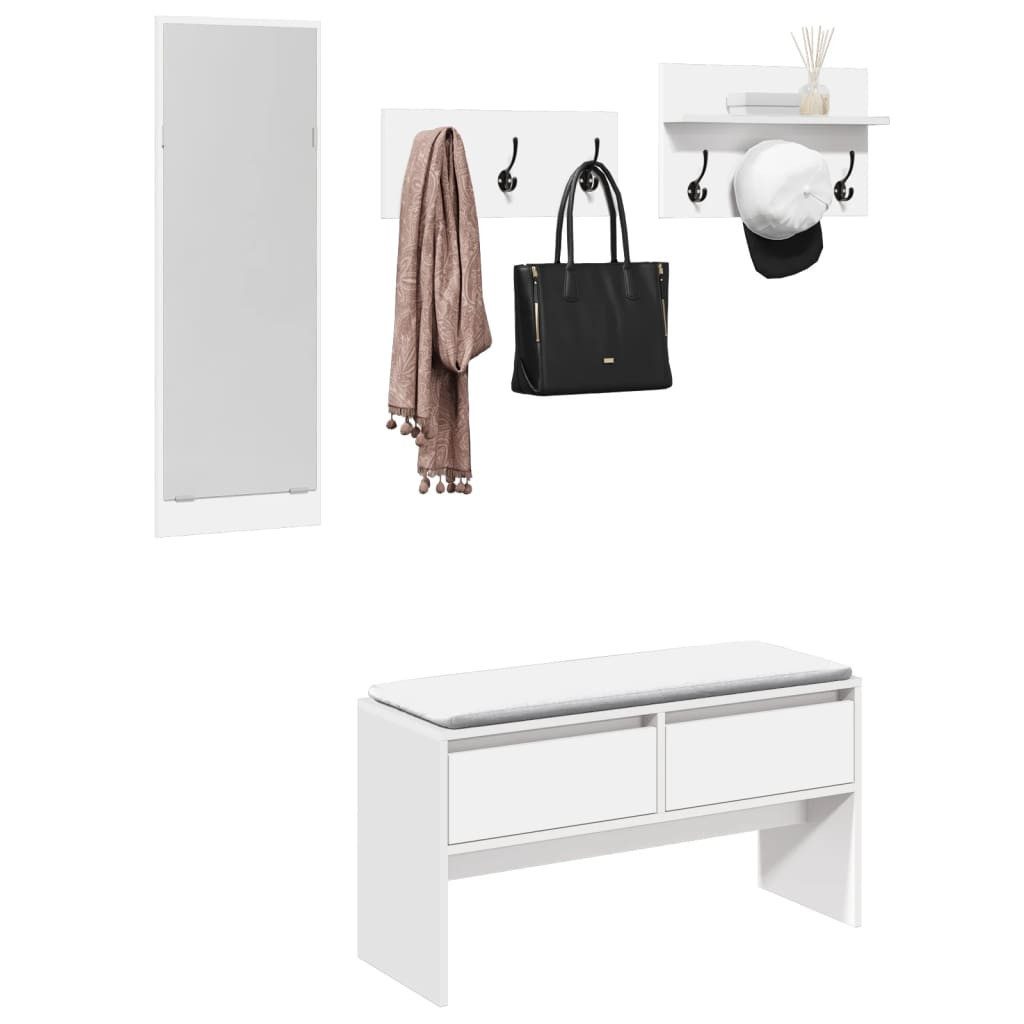 vidaXL Garderoben-Set NA Garderobe Kleiderhaken Spiegel 4-tlg Flurmöbel Set Weiß Spanplatte