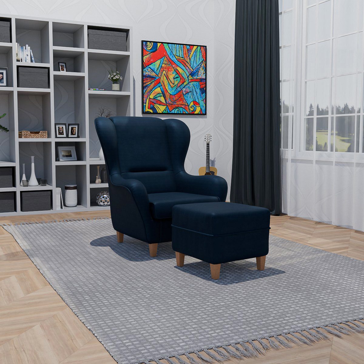 Supellex Ohrensessel Sofia Relaxsessel mit Hocker – Milano Blau