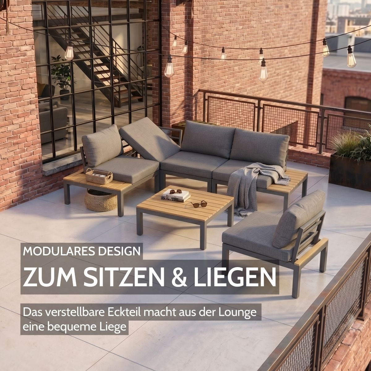 Liadomo Gartenlounge-Set San Carlo, Gartensofa mit Tisch und Ablagen, zum Sitzen und Liegen, (Loungeset für 4 Personen, 6-tlg., modulare Ecklounge mit Loungetisch), Teakholz-Ablagen und -Tischplatte