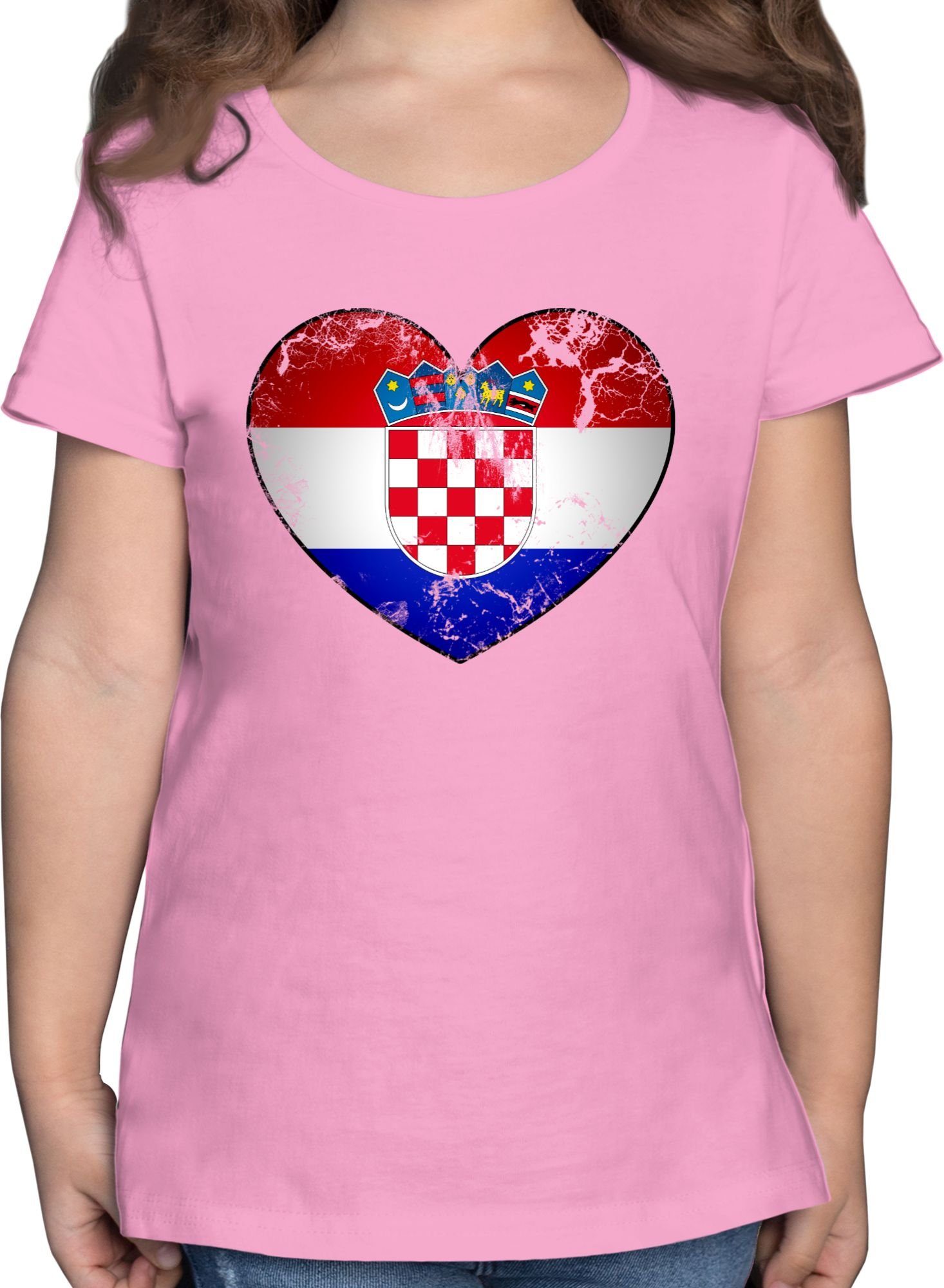 Shirtracer T-Shirt Kroatien Vintage Herz Fussball EM 2024 Kinder 1 Rosa