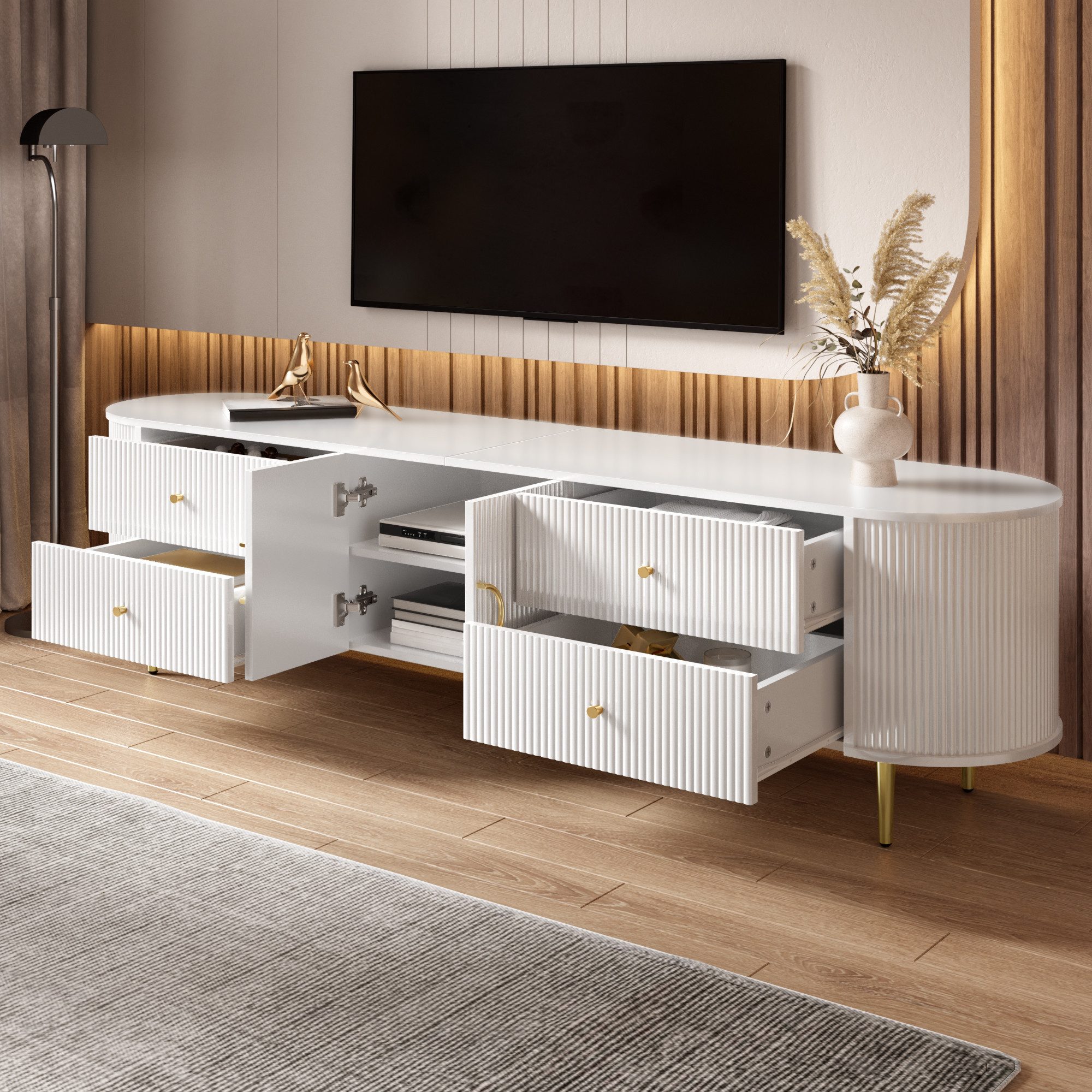 Merax Lowboard mit 3D Wellenfront & abgerundeten Kanten (180 x 40 x 38 cm, 1 St., TV Möbel mit Aluminiumgriffen & Kabeldurchlass), TV-Schrank mit 4 Schubladen,  – Bild 2 von 5