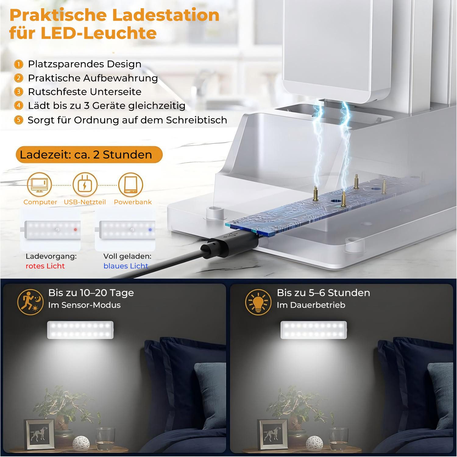 Futicare LED Unterbauleuchte, 3er Set mit Ladestation, 3 Farbtemperaturen, Akku 800mAh, LED, Bewegungsmelder, Dimmbar mit Timer, Kabellos für Schrank & Küche