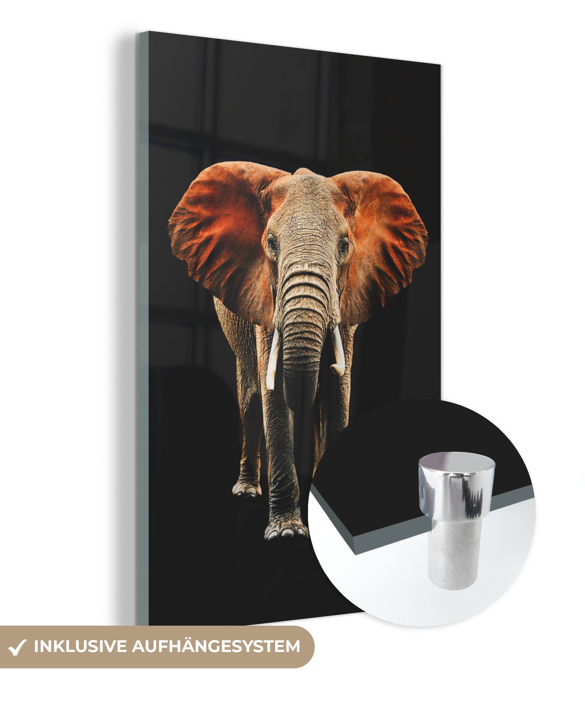 MuchoWow Acrylglasbild Elefant - Schwarz - Orange, (1 St), Glasbilder - Bilder auf Glas Wandbild - Foto auf Glas - Wanddekoration bunt