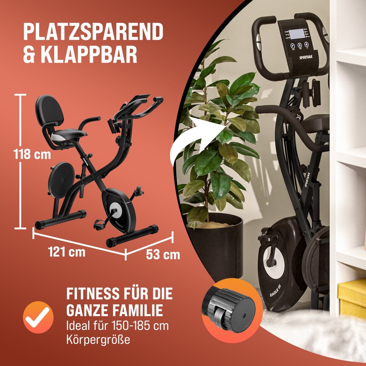 Sportana Heimtrainer Eagle 4 (1-tlg), Klappbar Fitnessfahrrad mit App 16 Stufen Pulssensoren Hüfttrainer