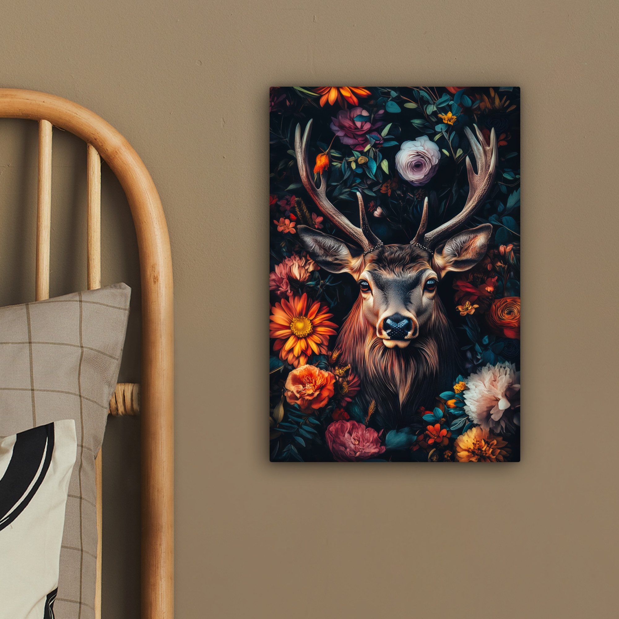 OneMillionCanvasses® Leinwandbild Hirsch - Tierporträt - Blumen - Natur - Hirschkopf, Fotodruck (1 St), Leinwand Canvas Wandbild, Wanddekoration 20x30 cm – Bild 4 von 5