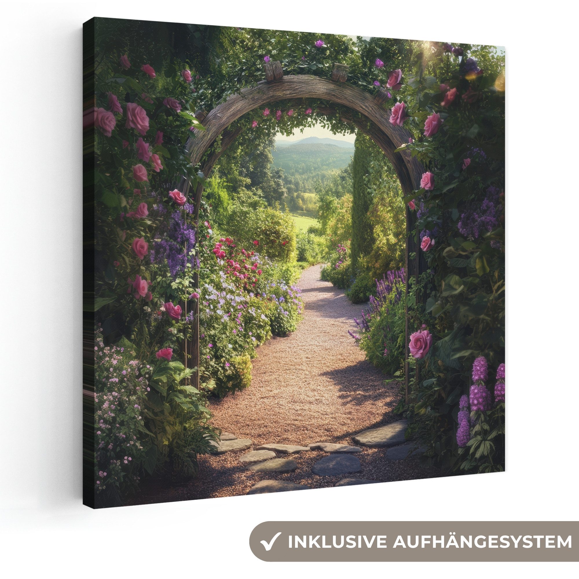 OneMillionCanvasses® Leinwandbild Fensterblick - Fenster - Blumen - Natur - Rosenbogen, Fotodruck (1 St), Wandbild, Deko Schlafzimmer Wohnzimmer Flur 20x20 cm