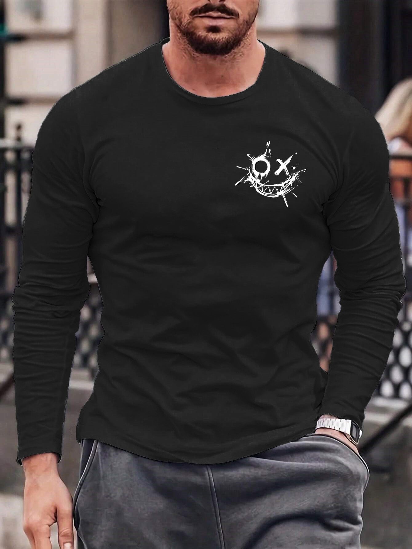 Rundhalsshirt Longsleeve Herren Langarmshirt Rundhals Basic Smile Smiley
