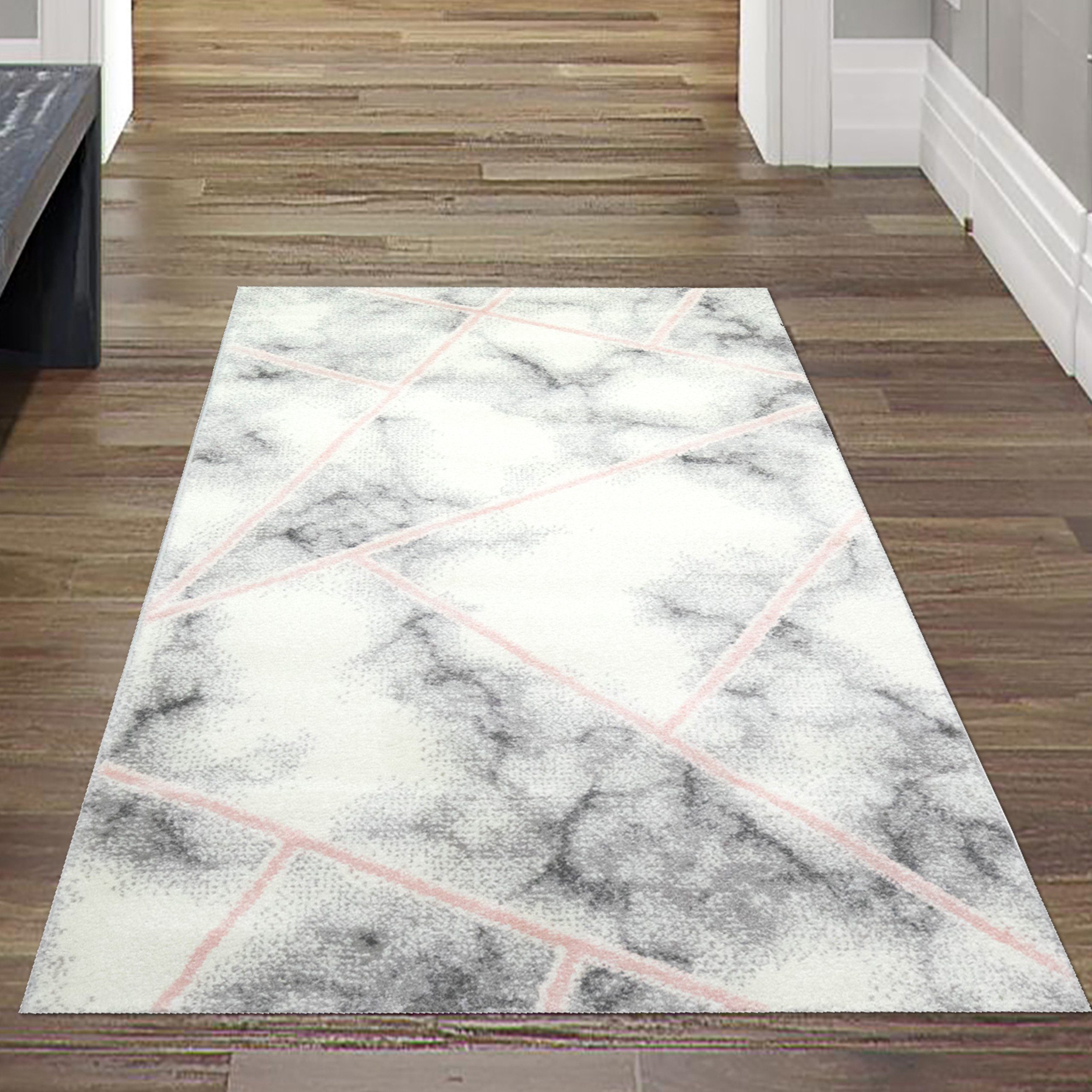 Teppich Designer Teppich Flur Wohnzimmer Marmormuster - pflegeleicht - rosa  grau creme, Teppich-Traum, rechteckig, Höhe: 9 mm | Kurzflor-Teppiche