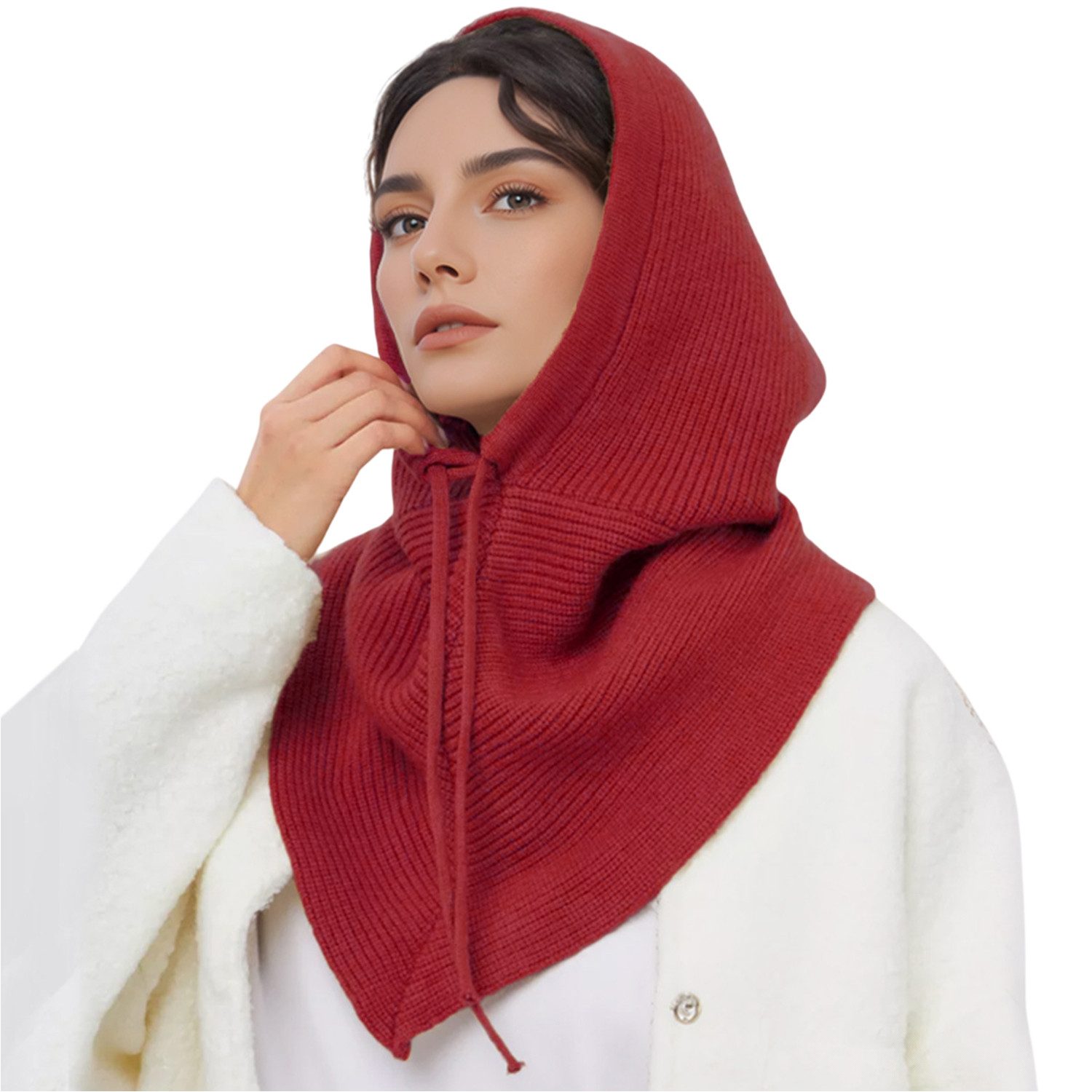 Refttenw Strickmütze Weiche Thermo-Mütze Damen Kapuzenschal Winddichte Wintermütze mit verstellbarer Kordel