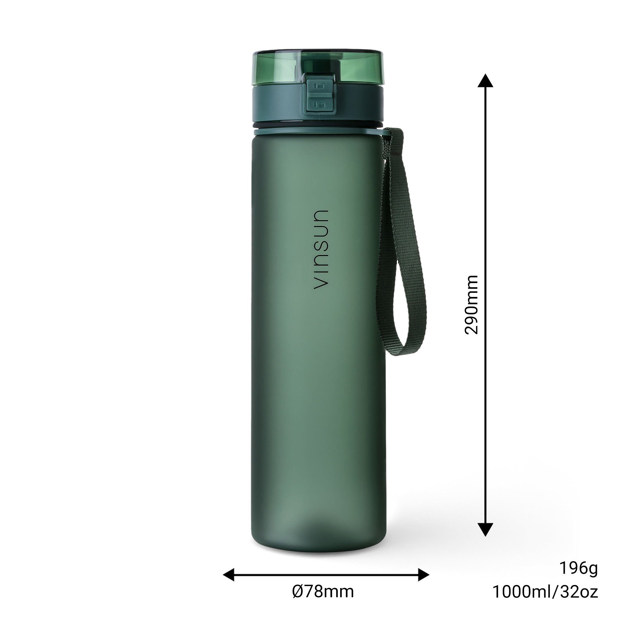 Trinkflasche frei, - Kohlensäure, Dunkel Kohlensäure Geruchs- 1L, Geschmacksneutral, und auslaufsicher geeignet, Grün, auslaufsicher Vinsun Trinkflasche BPA