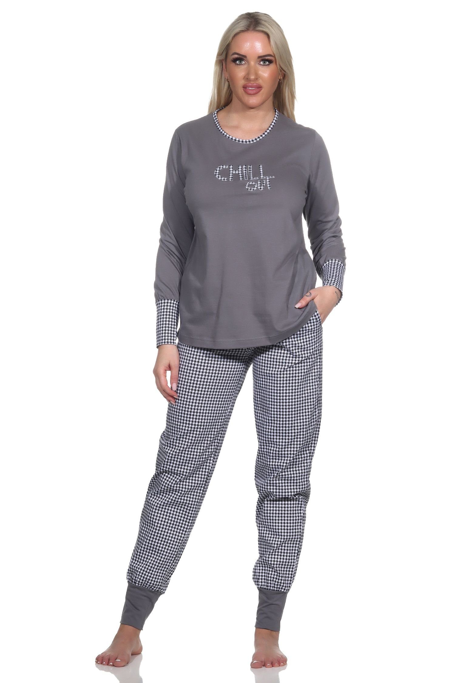 Normann Pyjama Damen Schlafanzug langarm mit Bündchen, Hose im Pepita-Look grau