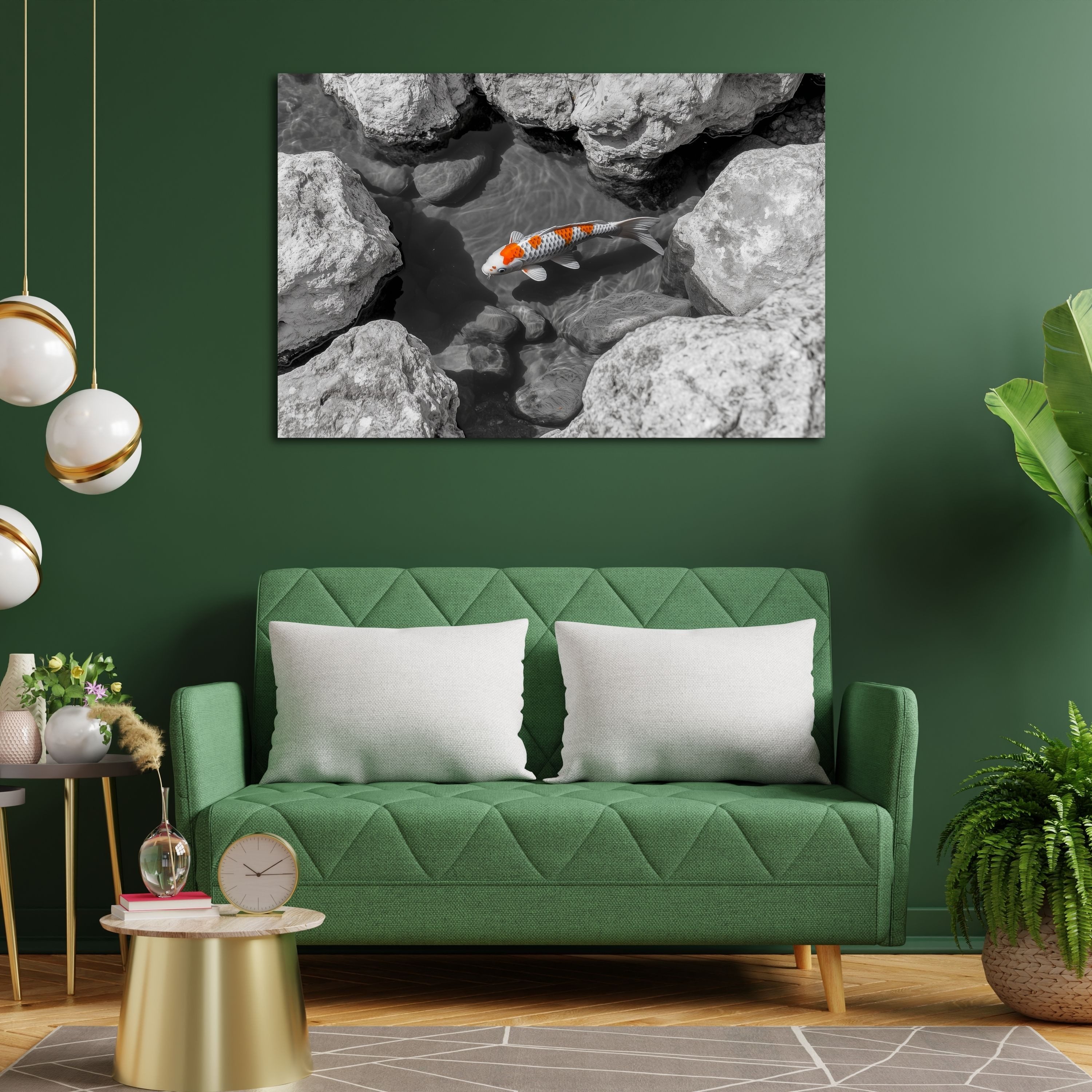 DARO Design Leinwandbild Modern Abstrakt Wandbilder XXL Wandbild Wand Deko Leinwand Bilder, (orange/weißer Koi - Bild groß Wohnzimmer Schlafzimmer Küche Esszimmer Einteilig Querformat Fotodruck Leinwände Wanddeko Abstrakte Kunst Boho), 30x20cm