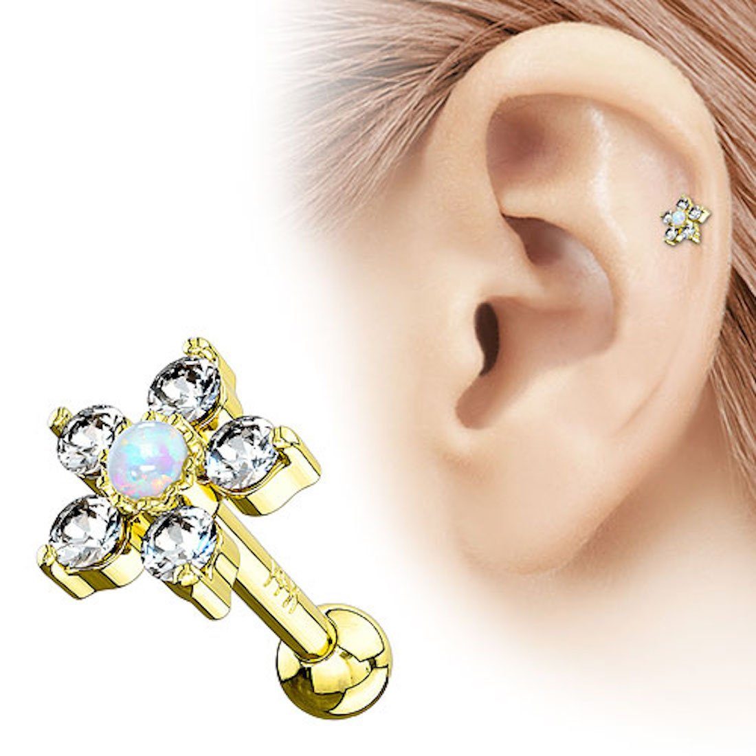 Taffstyle Piercing-Set Echt 585 Gold Tragus Helix Daith Kristallen Opal,  Piercing Stecker Knorpel Blume Glitzer Cartilage Helix Barbell Stab