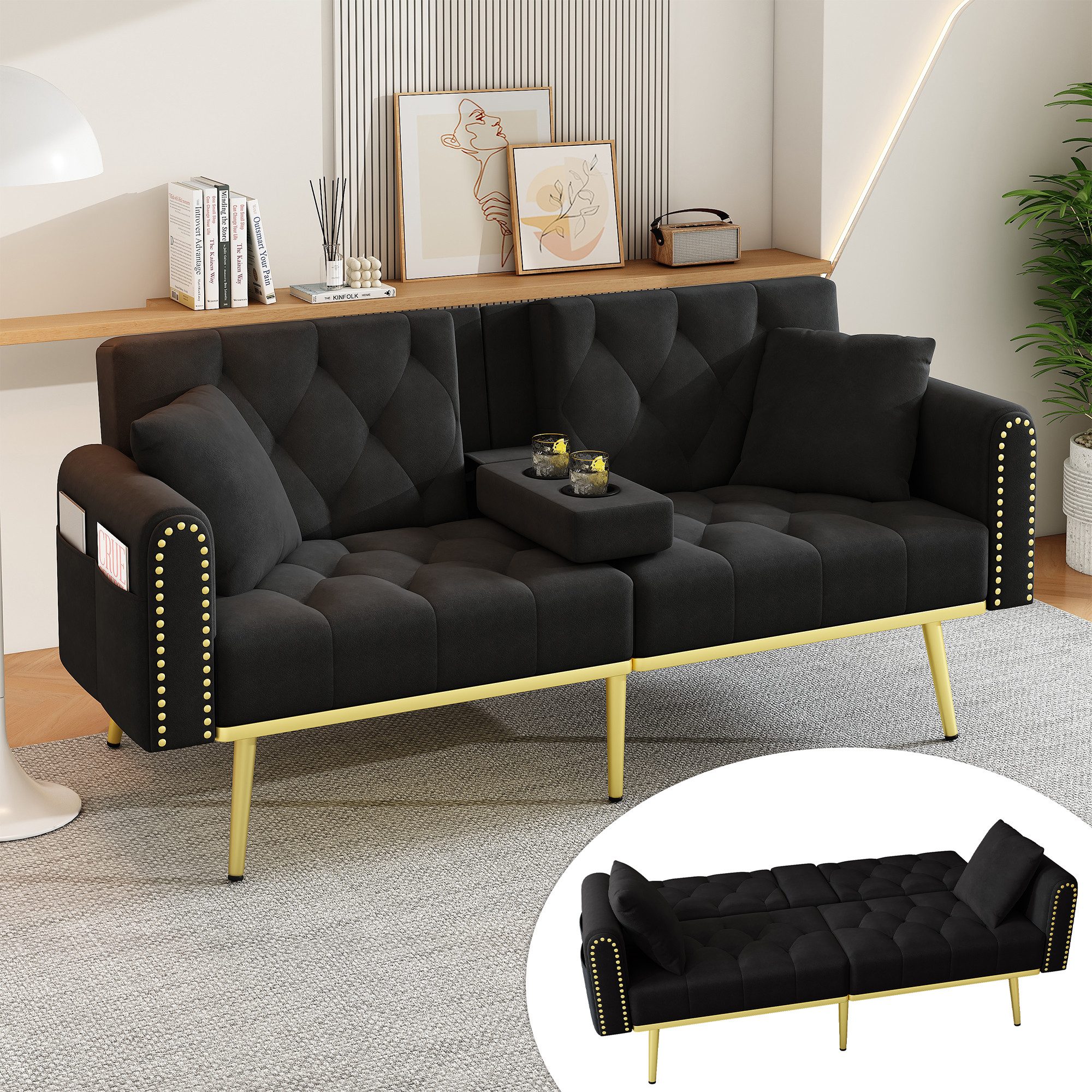 Flieks Sofa klappbar Schlafsofa mit Liegefunktion und Getränkehalter, 3 verstellbaren Neigungswinkeln, Länge 175cm 1 Teile, 2-3-Sitzer-Sofa mit Schlaffunktion und Zierkissen Samt Schwarz