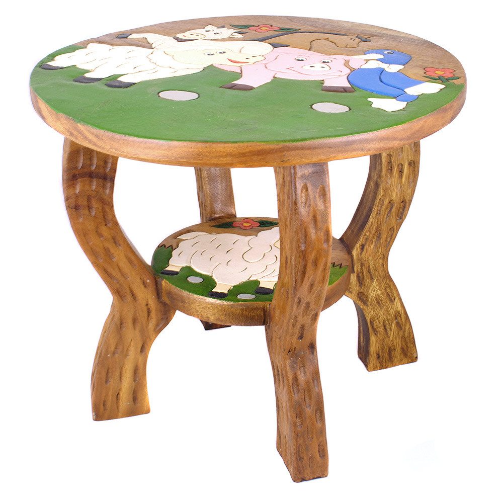 IMAGO Kindertisch Holz Massiv klein rund, Holztisch für Kinder 43 cm hoch, verschiedene Motive, fertig montiert