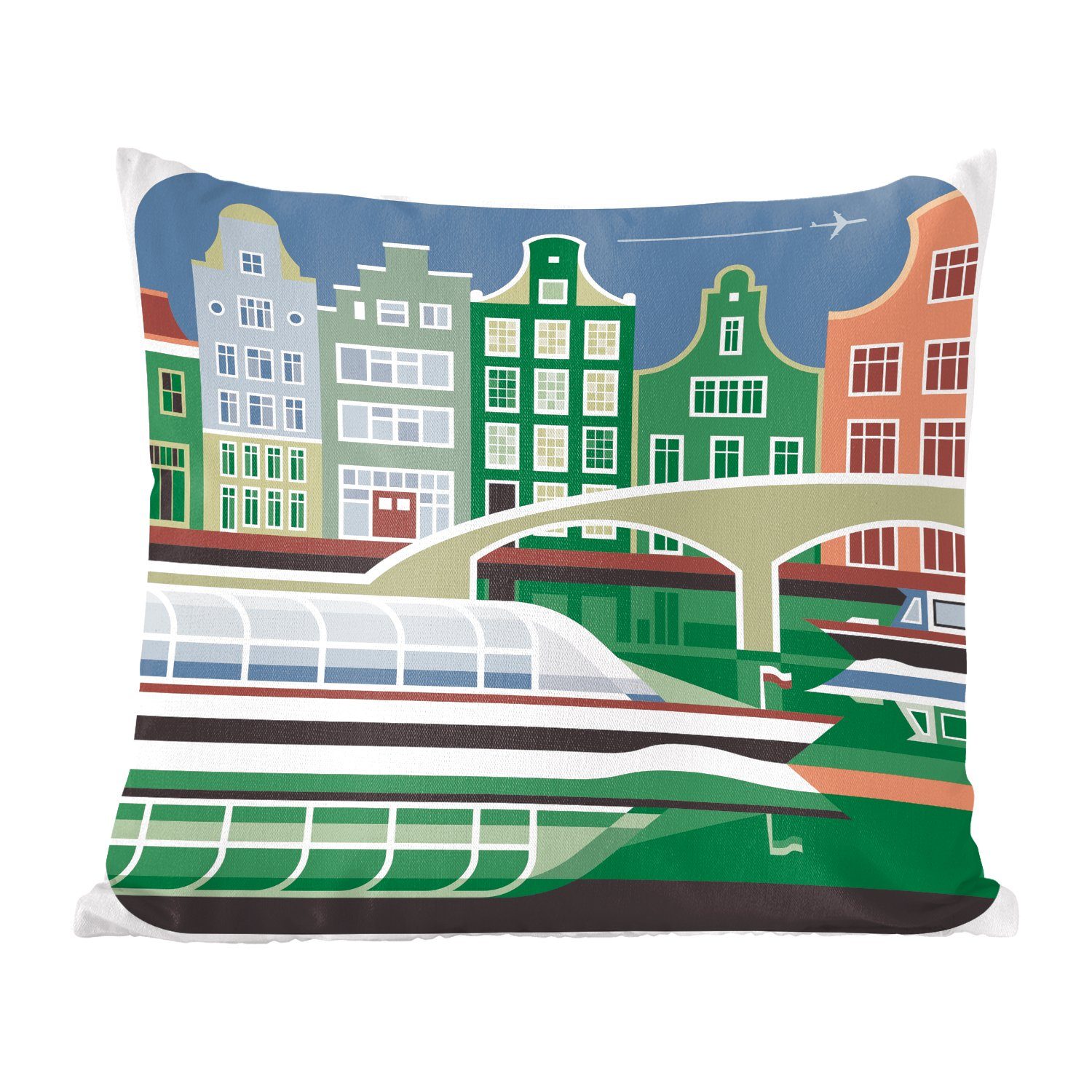 MuchoWow Dekokissen Illustration von Amsterdam mit grünen Schattierungen, Zierkissen mit Füllung für Wohzimmer, Schlafzimmer, Deko, Sofakissen