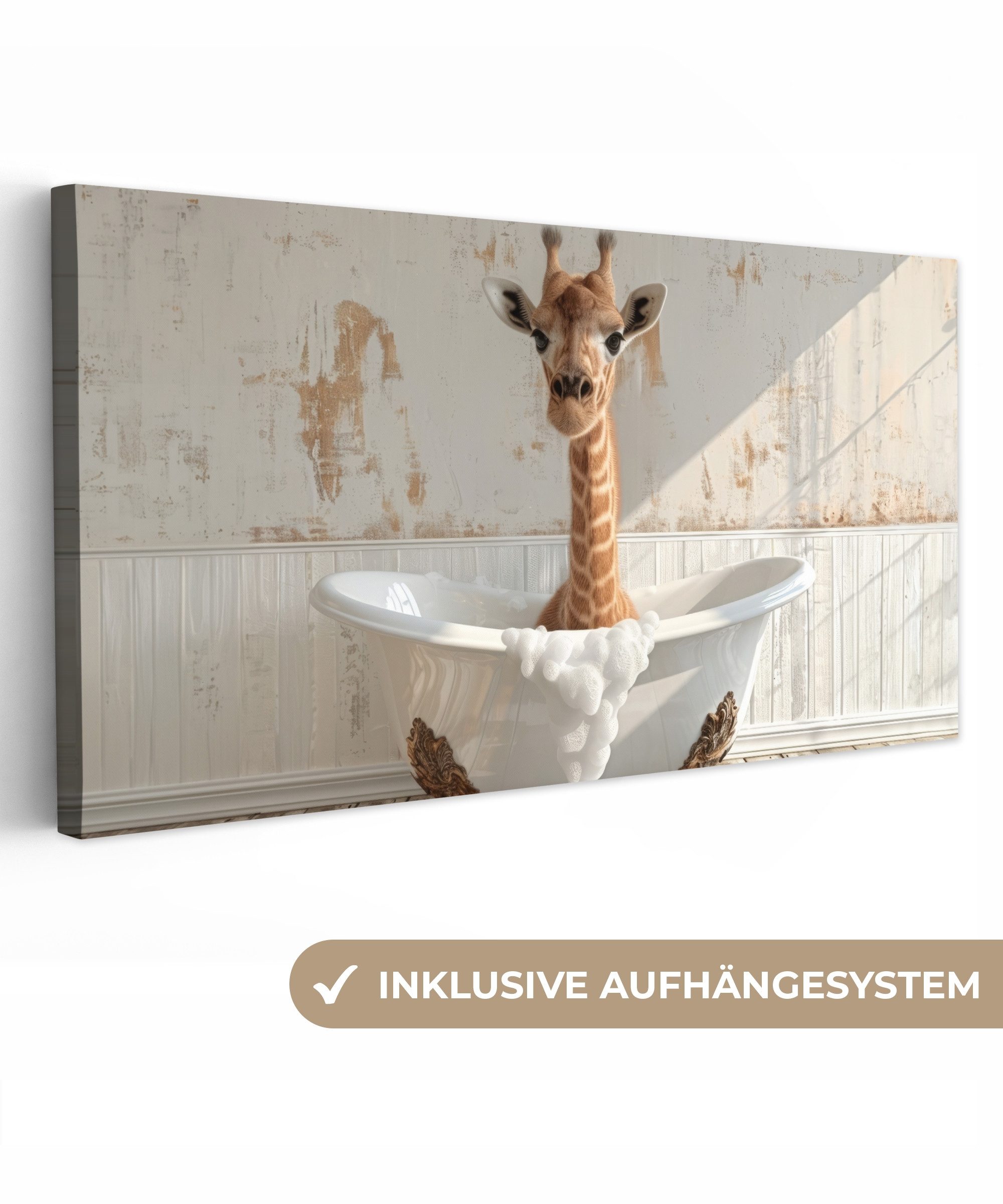 OneMillionCanvasses® Leinwandbild Panorama Giraffe - Badewanne günstig online kaufen