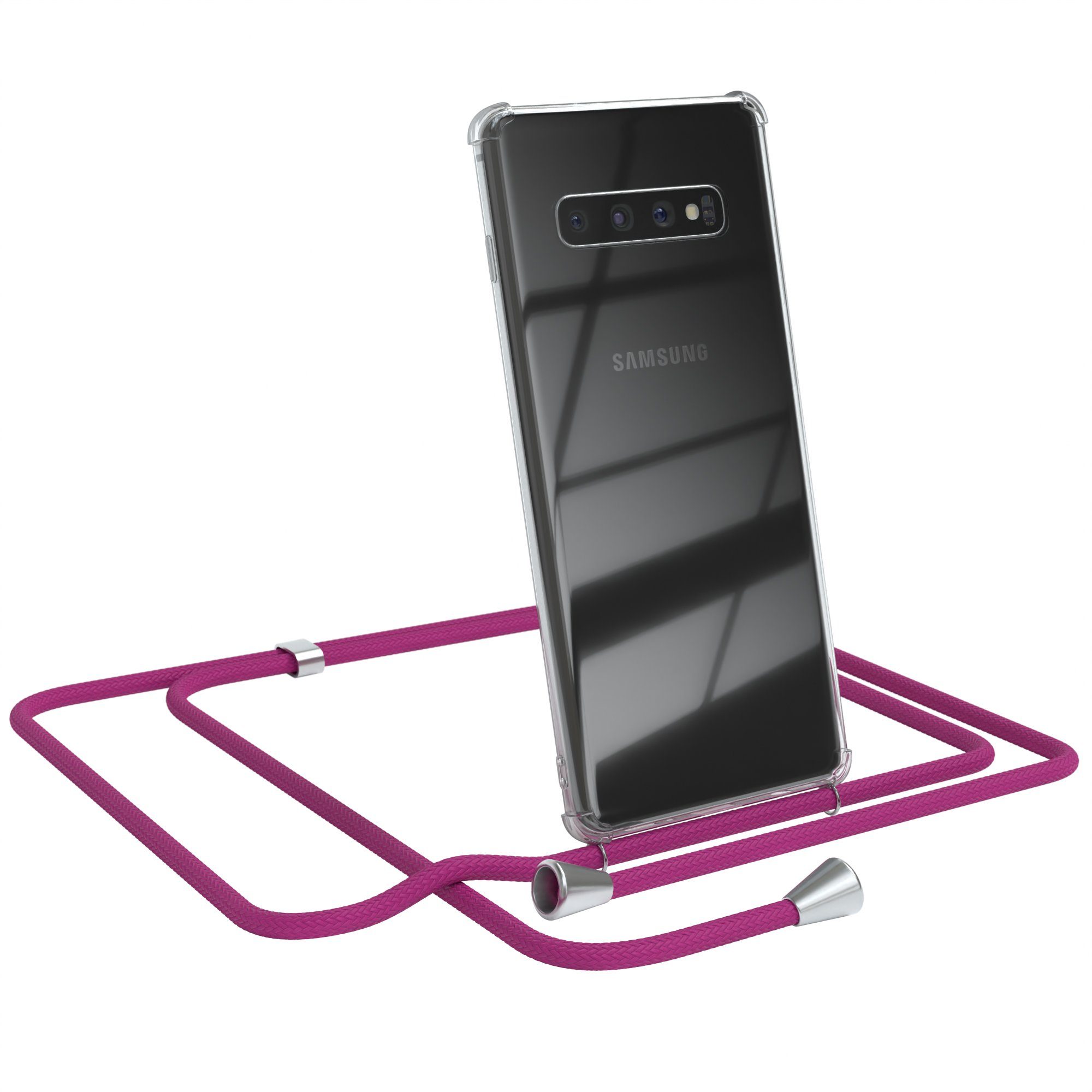 EAZY CASE Handykette Hülle mit Kette für Samsung Galaxy S10 Plus 6,4 Zoll, Handykordel Slimcover mit Umhängeband zum Umhängen Pink / Clip Silber