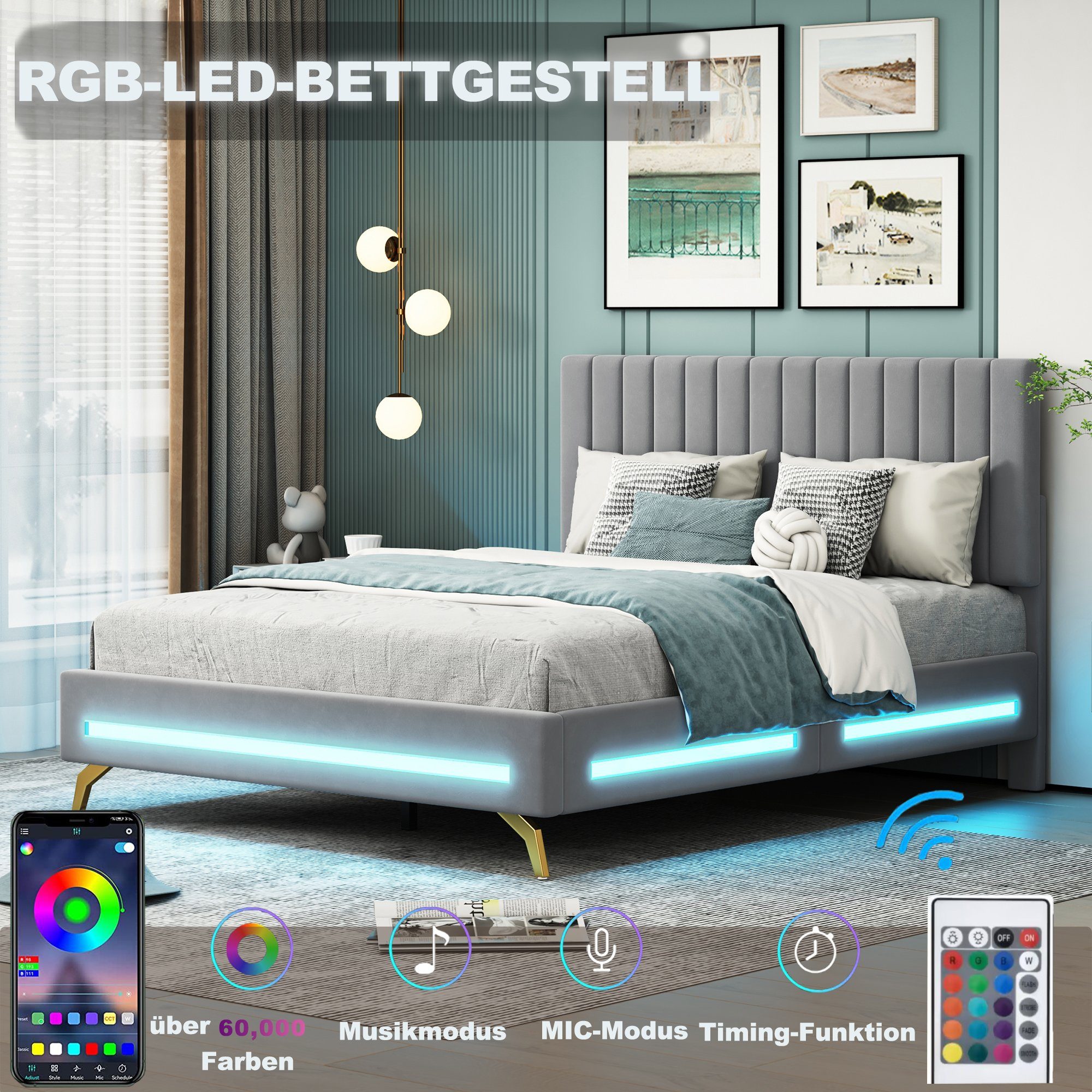 Polsterbett (Doppelbett), mit verstellbarem Kopfteil und LED Beleuchtung, Samt, 140x200cm