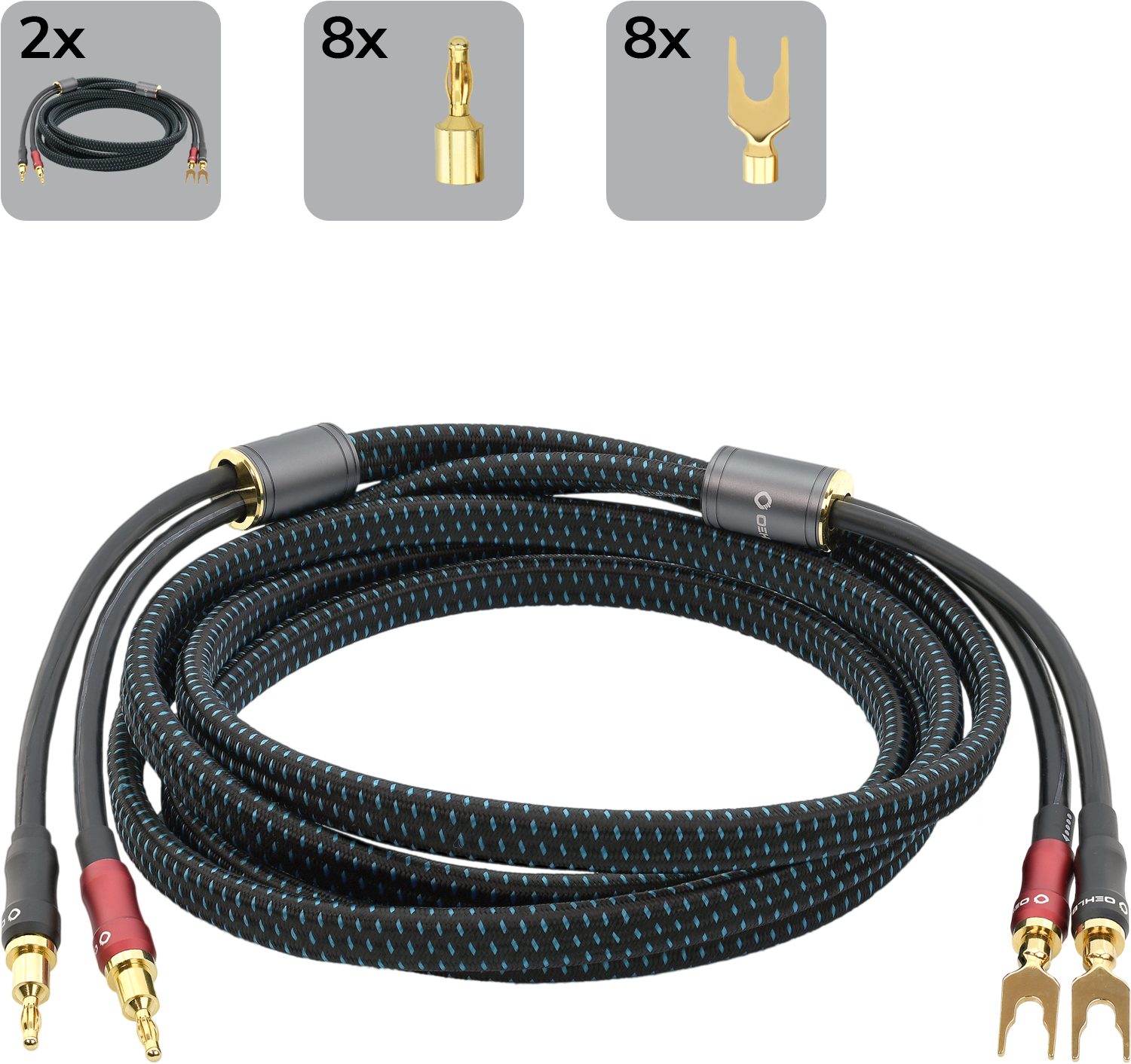 Oehlbach Transform Dual-Plug Exzellent Lautsprecherkabel Set Banana/Kabelschuh Audio-Kabel, 2 x Bananen Stecker, 2 x Kabelschuh, 2 x Bananen Stecker, 2 x Kabelschuh (200 cm), Hochwertiges Kupfer, Flexibel