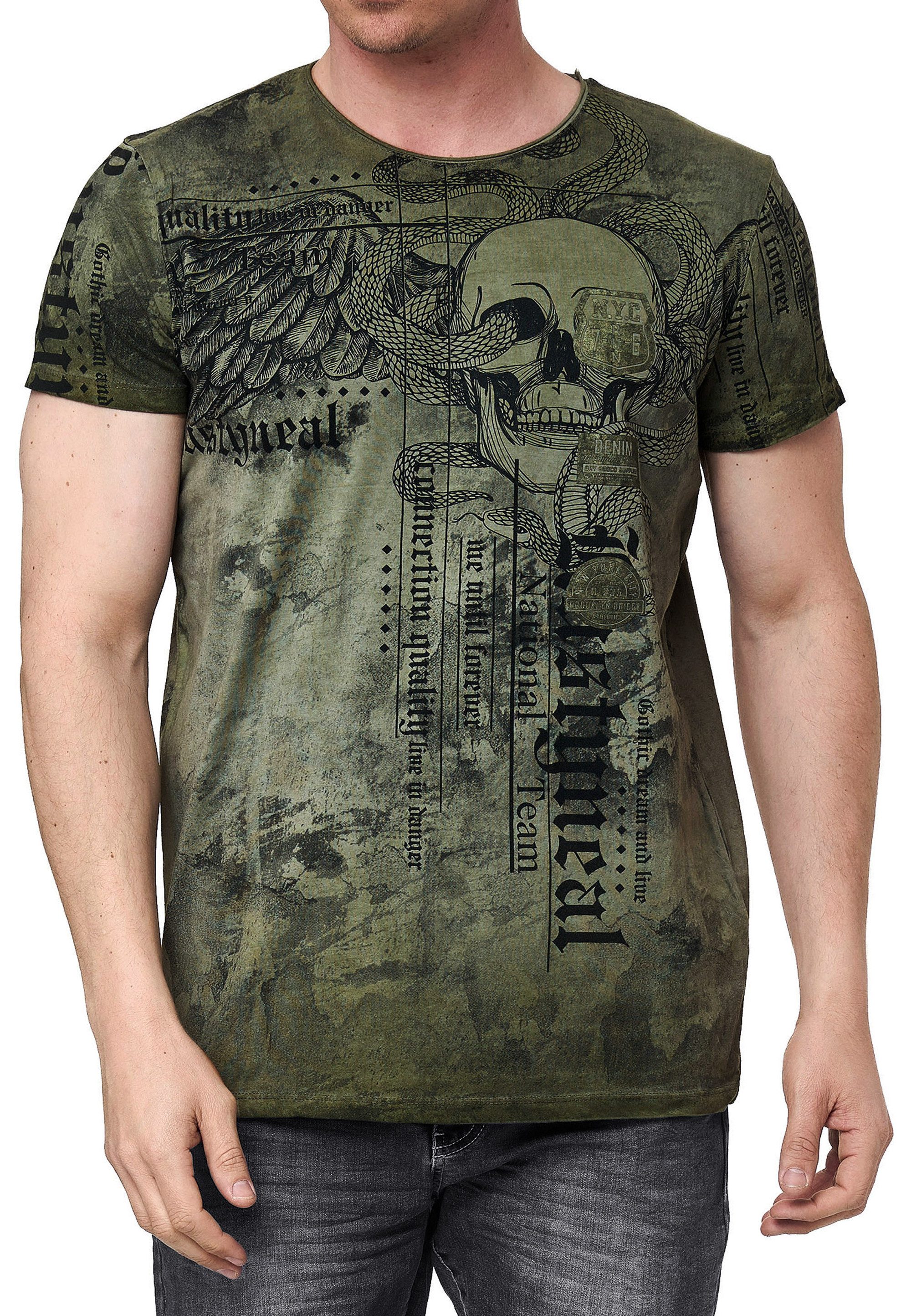 R-NEAL T-Shirt Herren T-Shirt Oil Washed Skull Printed 100% Cotton S M L XL XXL 3XL