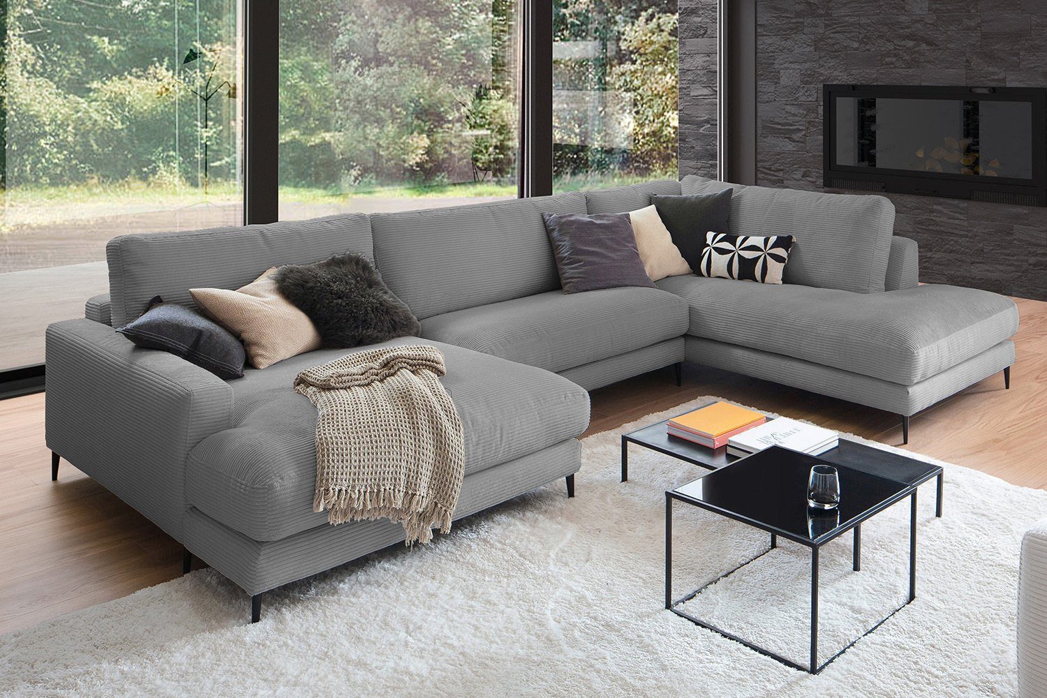 links, od. Farben U-Form Sofa Longchair CARA, Wohnlandschaft versch. KAWOLA rechts grau Cord,