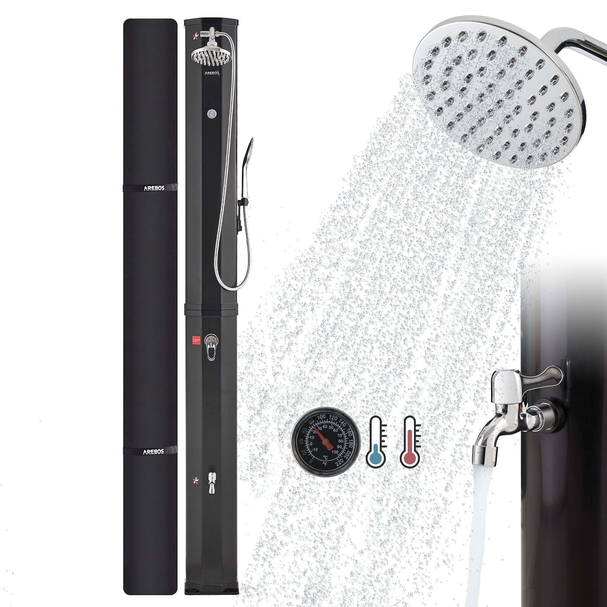 Arebos Solardusche 60 L Solar-Gartendusche mit Handbrause, Thermometer & Fußdusche (Komplett-Set, Schwarz), inkl. Abdeckhaube