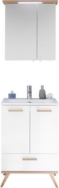 Saphir Badmöbel-Set Quickset 2-teilig, Mineralmarmor-Waschtisch und LED-Spiegelschrank, (2-St), Waschplatz 61 cm breit, 4 Türen, 1 Schublade, 2 Einlegeböden, Bad-Set