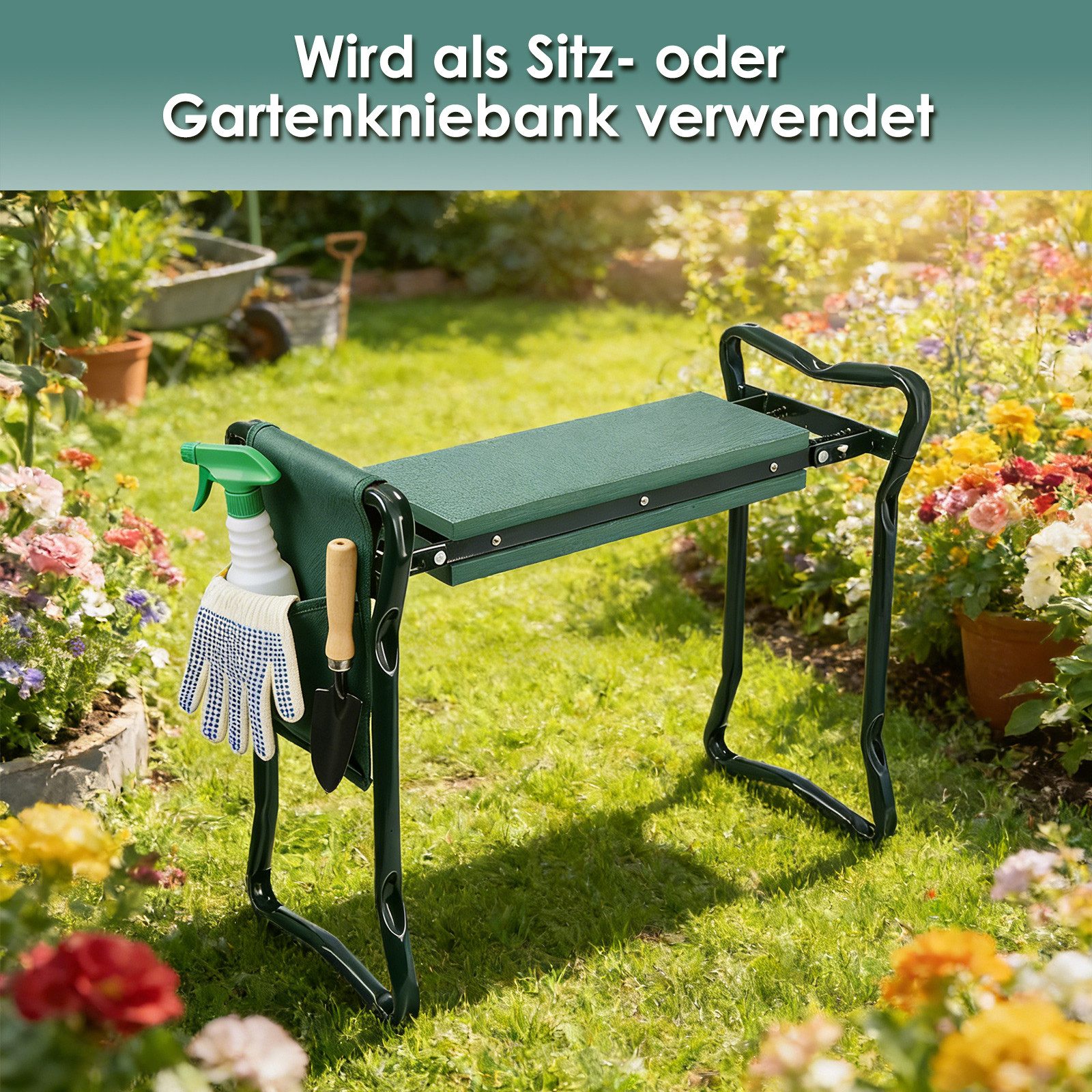 PFCTART Kniebank Gartenhocker mit Sitz und Kniekissen als klappbare Kniebank, BxLxH: 60x27x49 cm,(Set, Faltbar aus Metall mit EVA Polster, perfekt als Kniekissen für Garten), Gartensitz mit Werkzeugtaschen, ideal für Gartenarbeit und Zubehör
