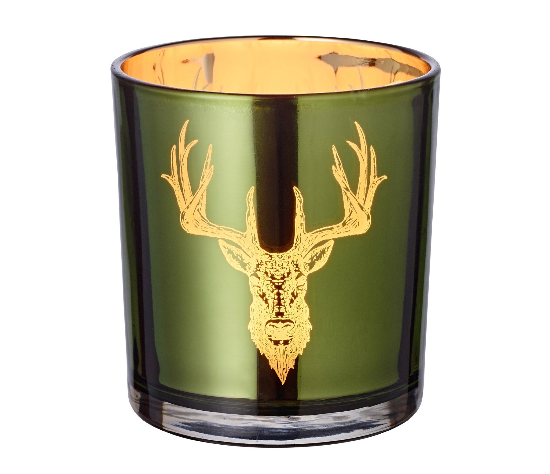 EDZARD Windlicht Alex, Kerzenglas mit Hirsch-Motiv in Gold-Optik, Teelichthalter für Maxiteelichter, Höhe 8 cm, Ø 7 cm