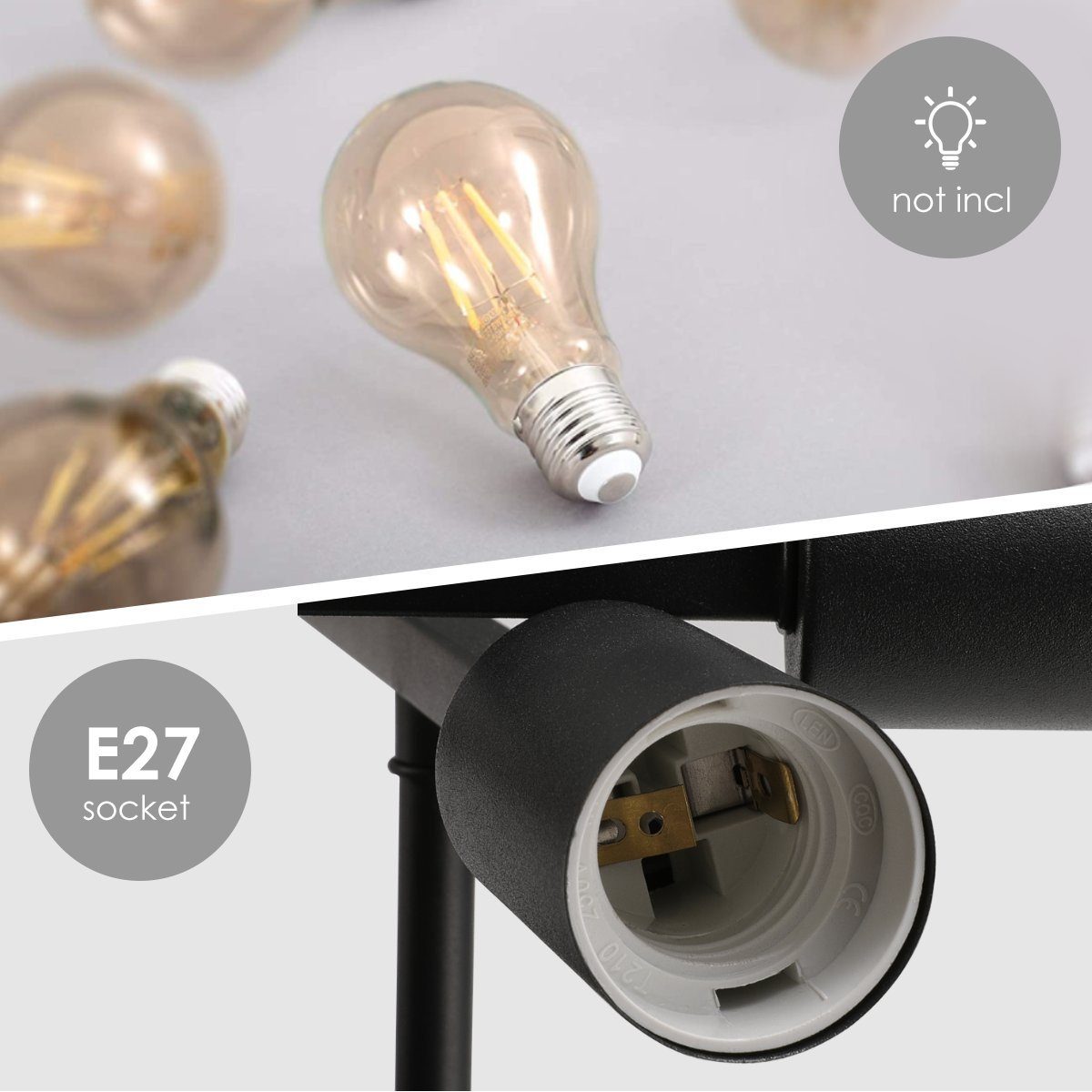 4-Flammig, E27 LED Deckenlampe Retro LETGOSPT wechselbar, Deckenleuchte Vintage Matt-Schwarz Lampe Deckenleuchten Industrial