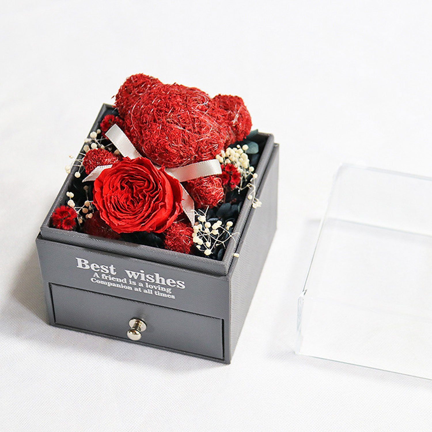 Kunstblume Rose Bär Geschenk Box, Muttertag Geburtstag Valentinstag Geschenk, MAGICSHE, Kleine Bärenpuppe Schublade kann Halsketten und Ringe halten rot