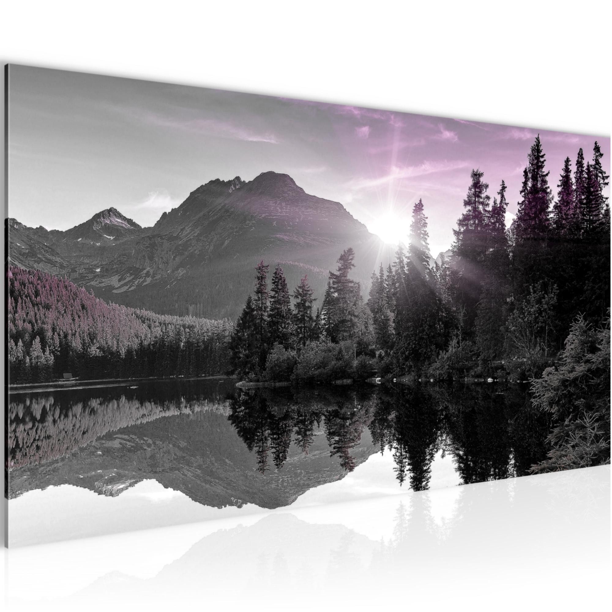 Runa Art Wandbild Natur Sonnenuntergang auf Vlies Leinwand Panorama Violett Lila 0144, 100L x 40B cm