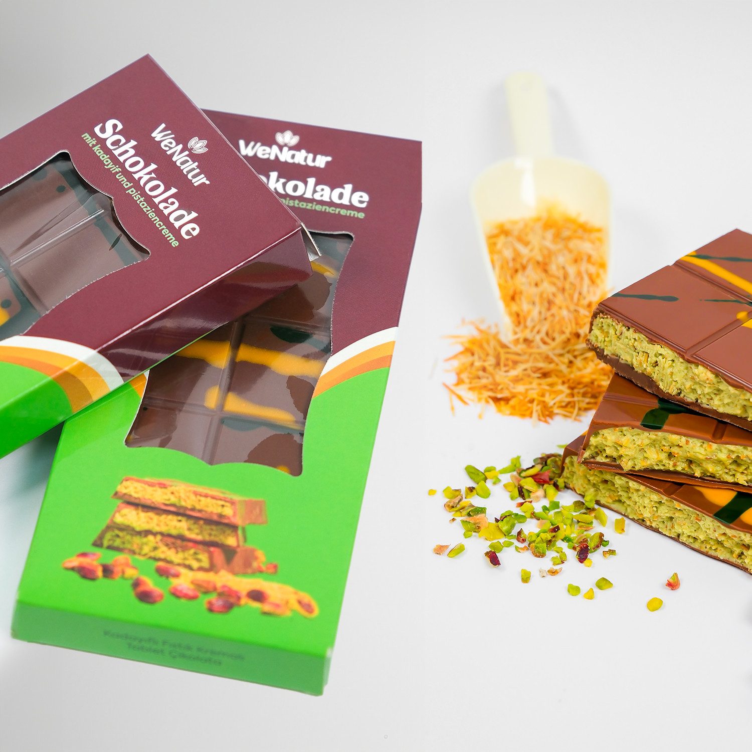 We_Natur Schokolade Dubai Style Schokolade mit knusprigen Kadayif-Teigfäden Pistazie, 200 g