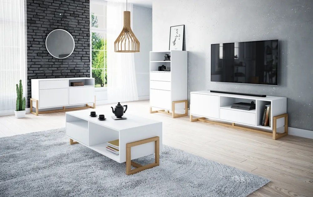 Wohnzimmer-Set Salon 4-teilig Eiche OLFEN Weiß Möbelset in und matt DB-Möbel