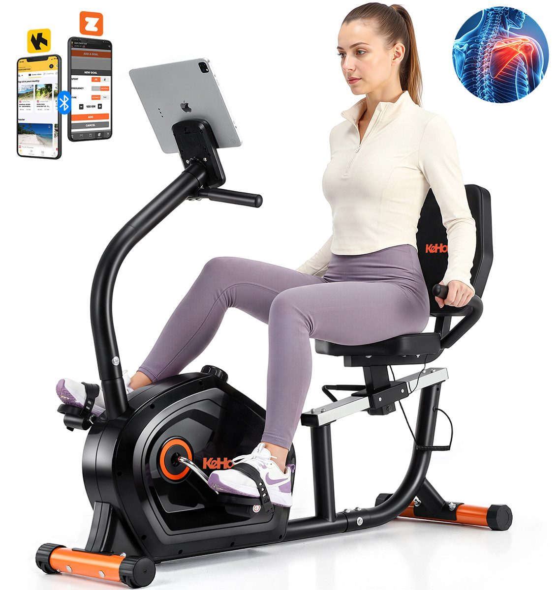 kehot Heimtrainer Liege-Heimtrainer mit Rückenlehne bis 200 kg belastbar (16-stufige Magnetbremse & 4 kg Schwungrad für Zuhause, Bluetooth App kompatibel mit Kinomap & Zwift Training), Leiser Heimtrainer mit Komfortsitz für gelenkschonendes Cardio