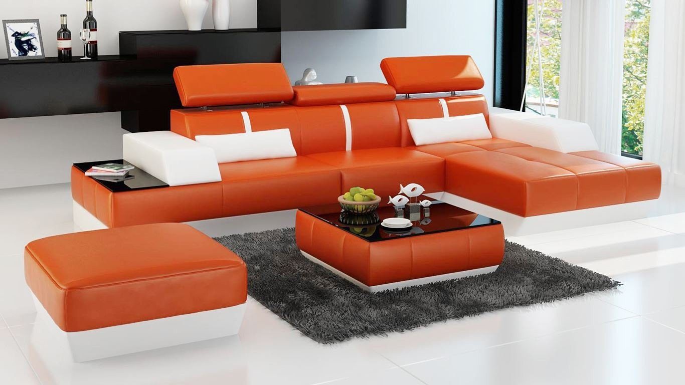 JVmoebel Ecksofa Moderne Sofa L Form Polster Sitz Ecke Couch + Hocker Multifunktion Orange/Weiß