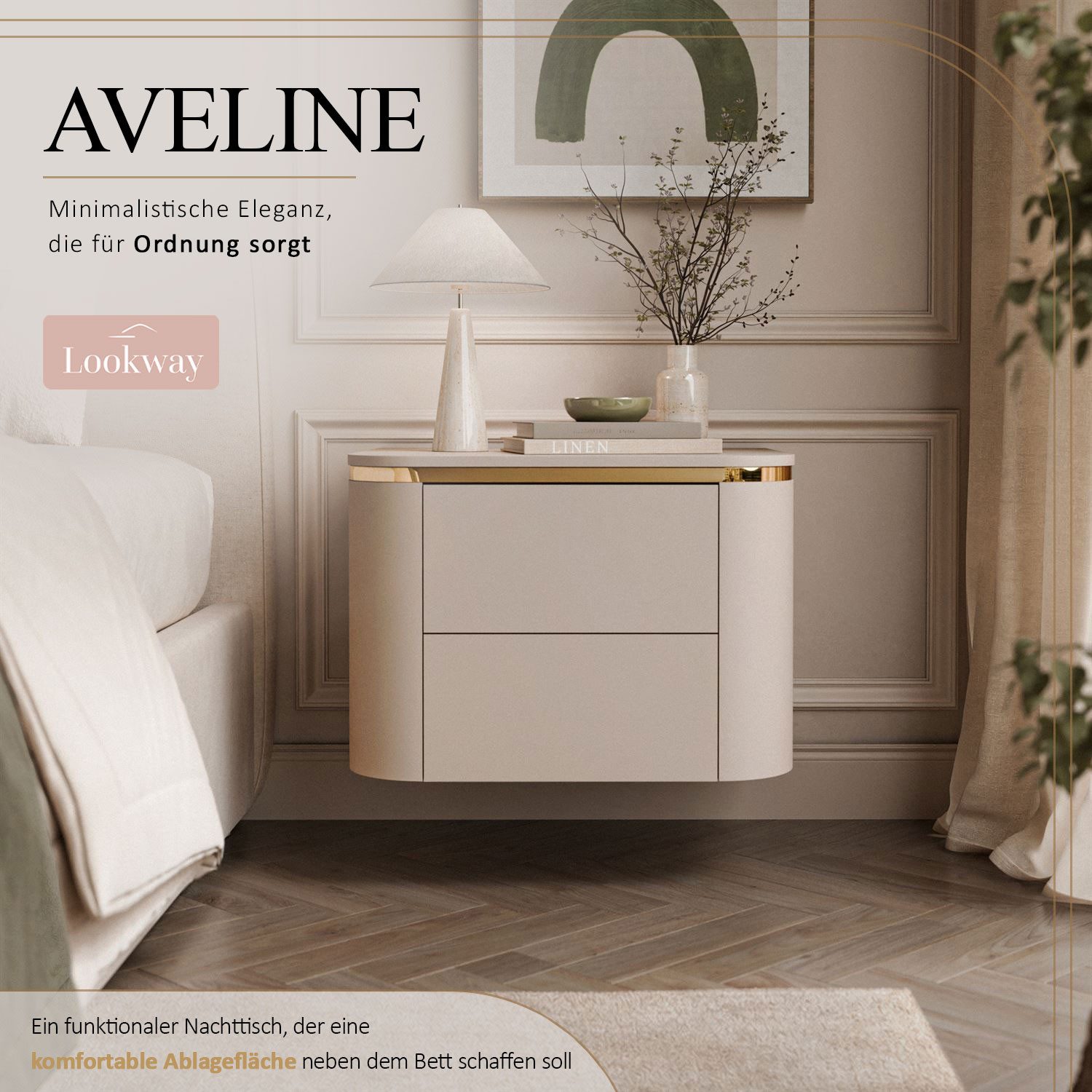 Lookway Nachttisch AVELINE Hängender Nachttisch in Kaschmir mit goldenem Akzent, Breite: 50 cm – Bild 2 von 5