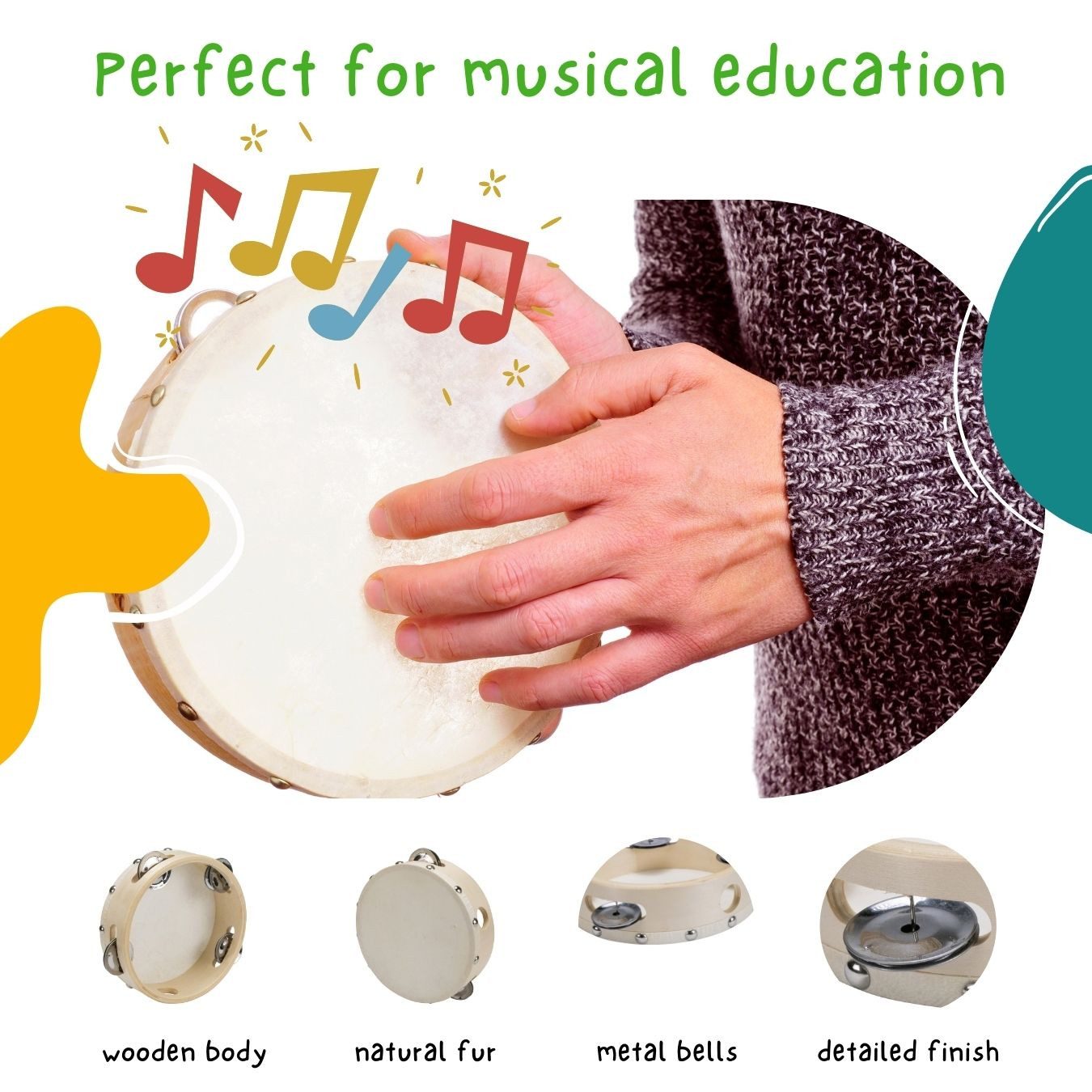 GICO Spielzeug-Musikinstrument Kinder Tamburin 15cm aus Holz mit 4 Schellen - 3832