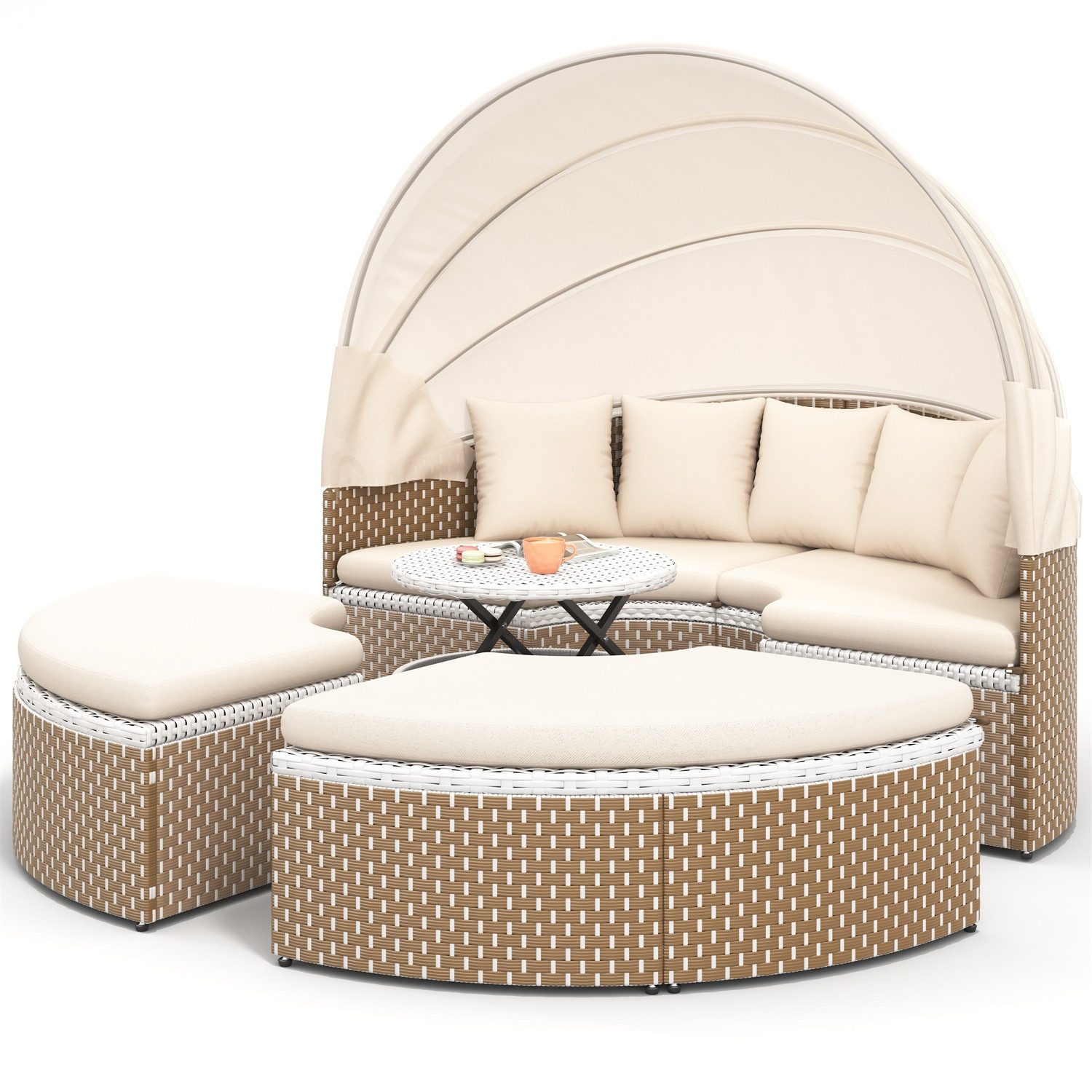 Rutaqian Gartenlounge-Set Muschel-Garten-Lounge-Sessel-Bett, anhebbare Tischplatte, Baldachin, (Lässt sich Beliebig in einen Liegestuhl oder Sitz Verwandeln, Rattan-Gartentisch und Stühle-Set, inklusive Aller Kissen, Sitzkissen), Terrassenliegen für Garten, Pool